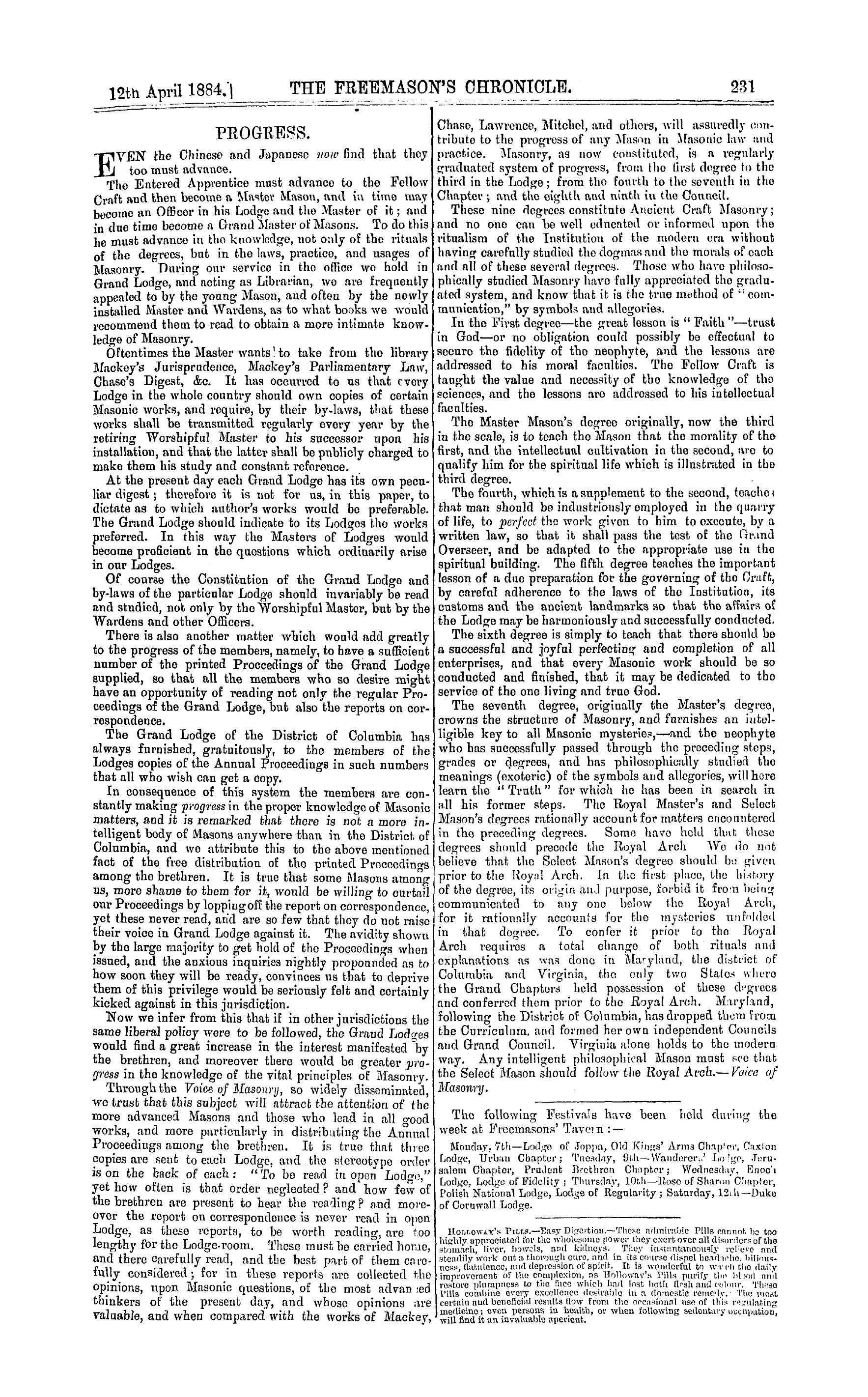 The Freemason's Chronicle: 1884-04-12 - Progress.