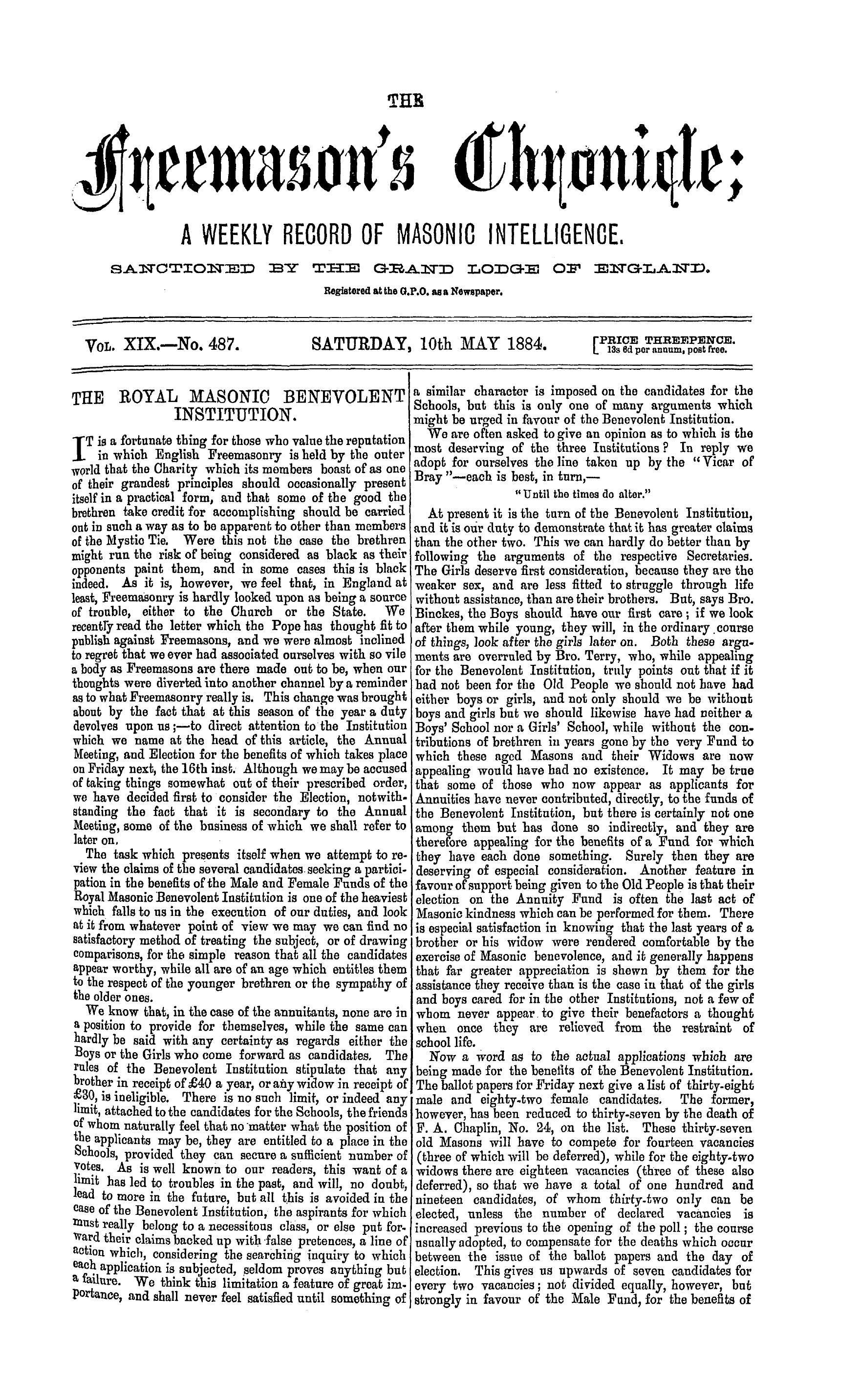 The Freemason's Chronicle: 1884-05-10: 1