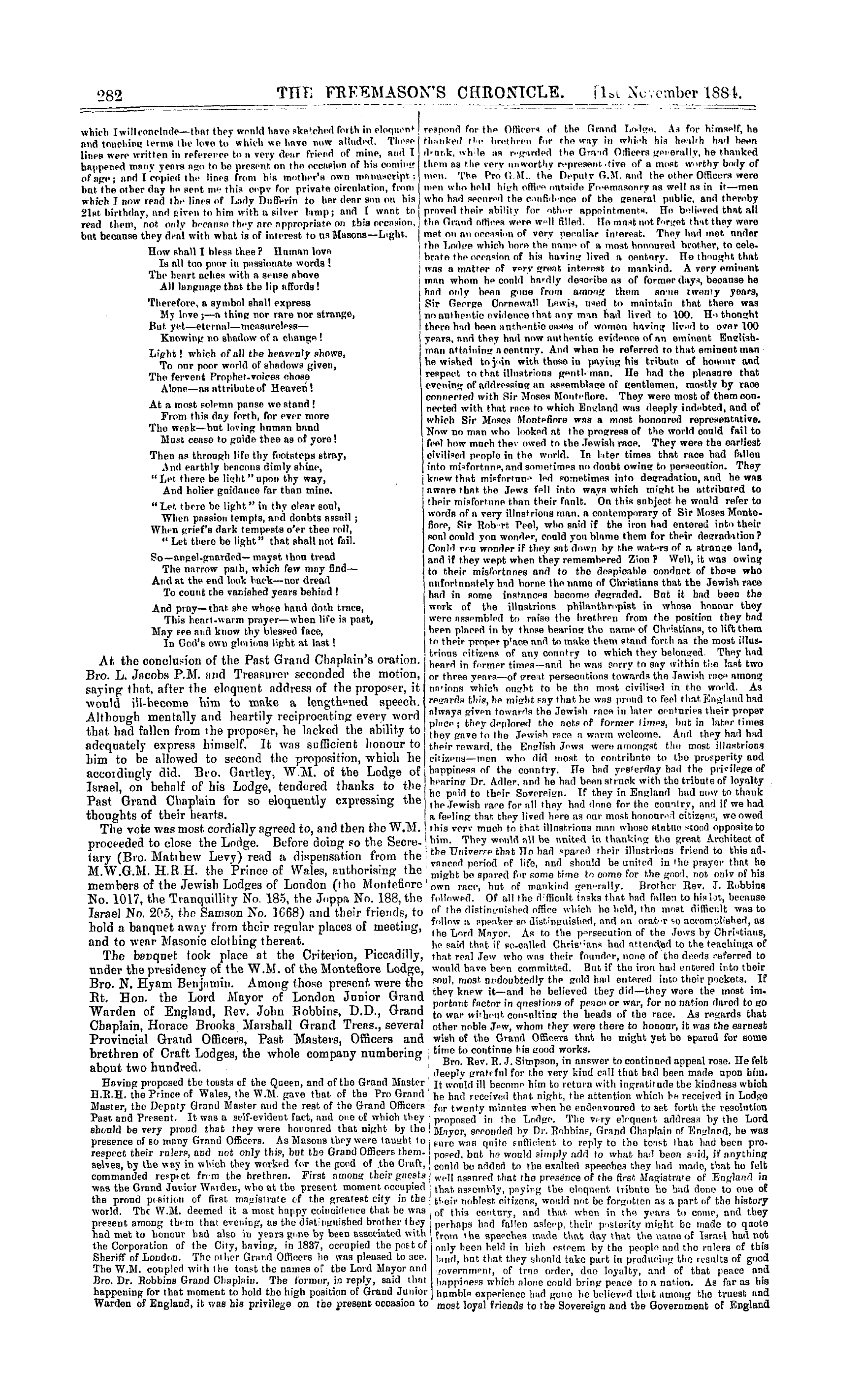 The Freemason's Chronicle: 1884-11-01 - The Montefiore Centenary Celebration.