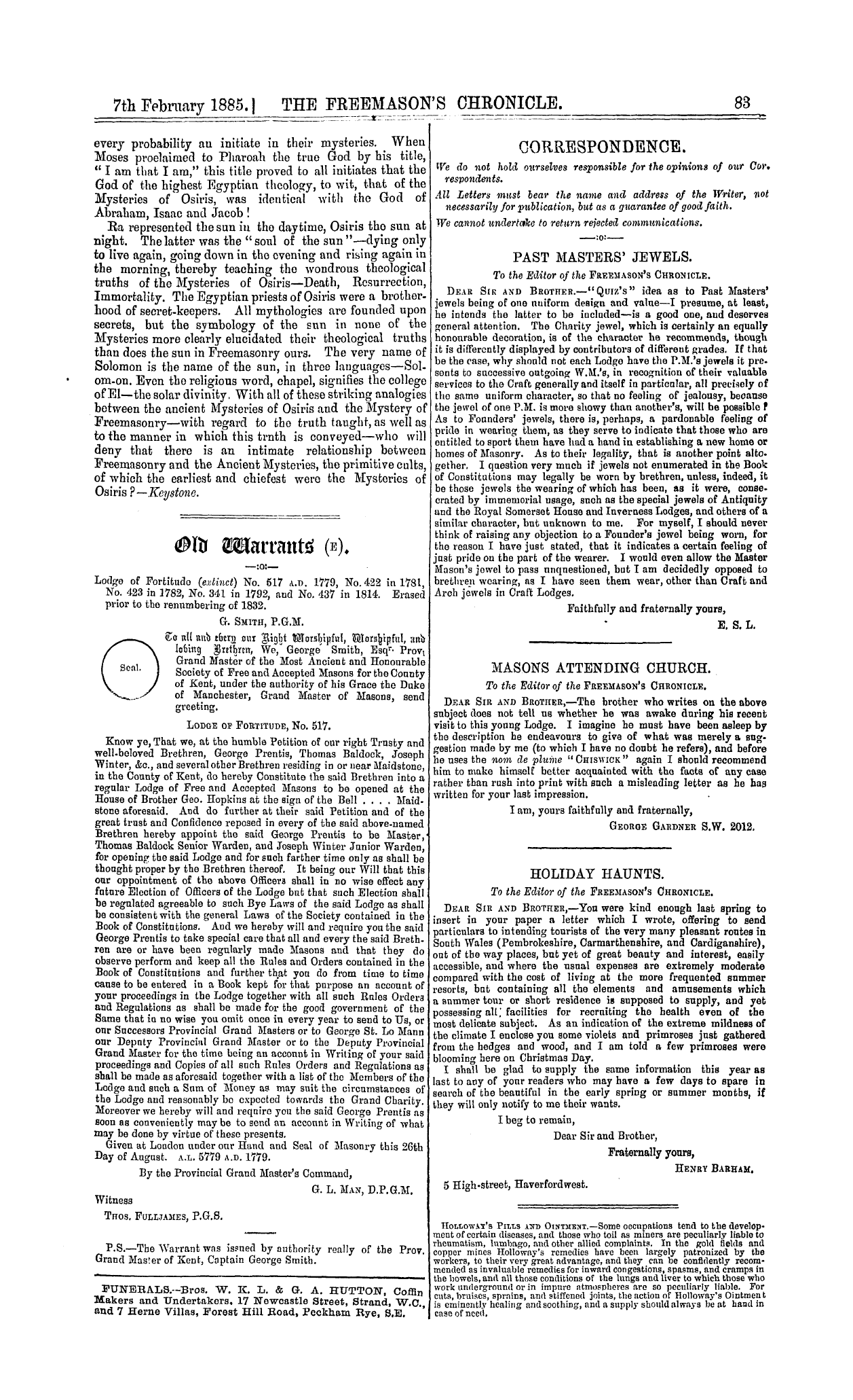 The Freemason's Chronicle: 1885-02-07 - Old Warrants (E).