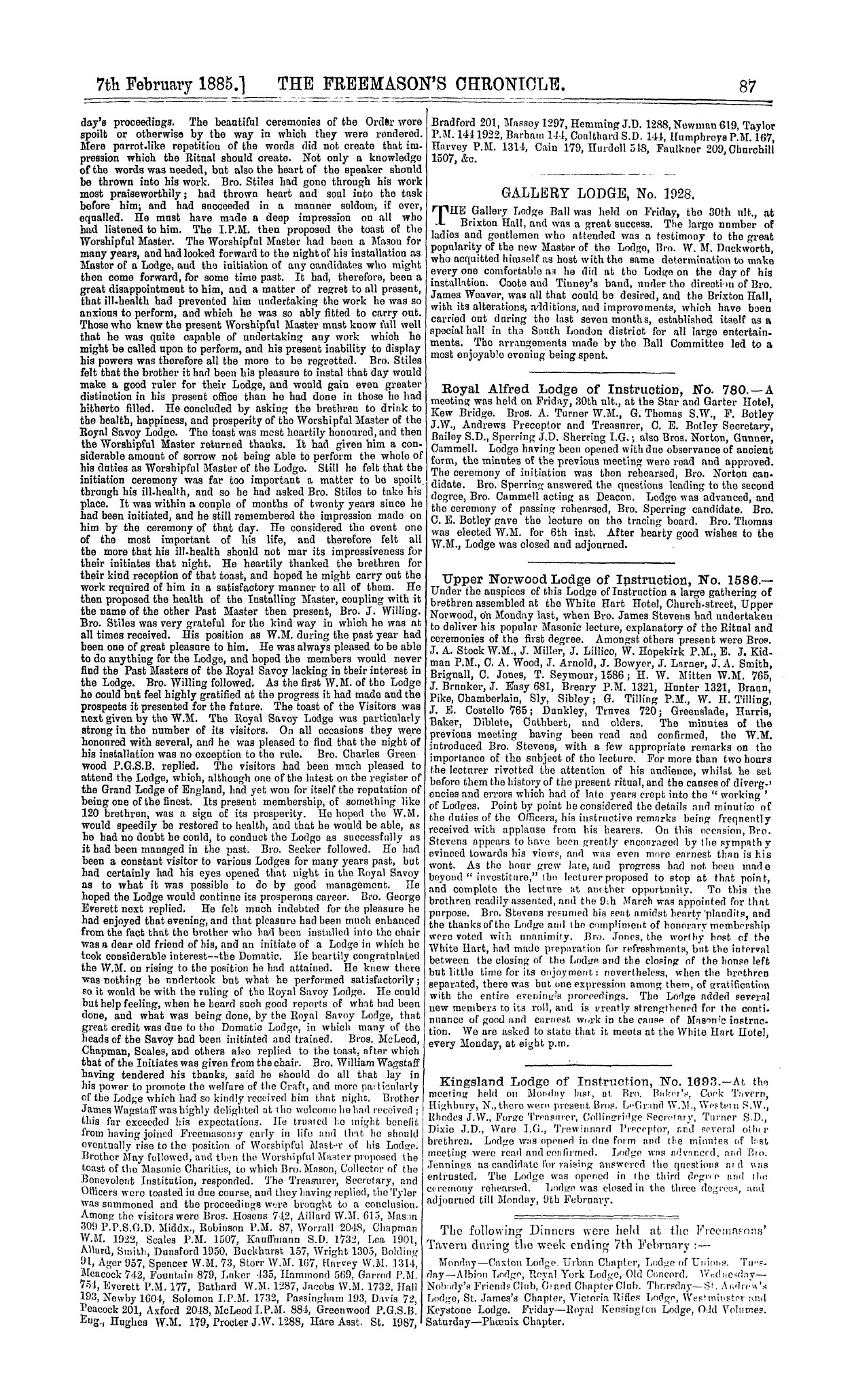 The Freemason's Chronicle: 1885-02-07 - Installation Meetings, &C.