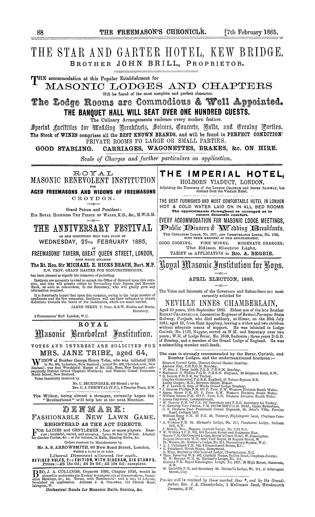 The Freemason's Chronicle: 1885-02-07 - Ad00805