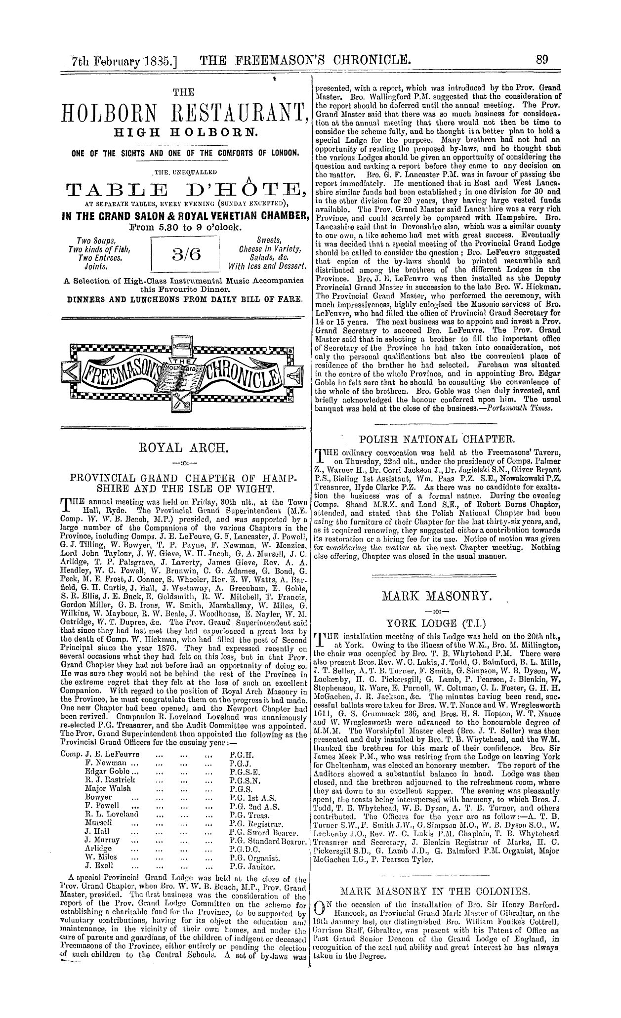 The Freemason's Chronicle: 1885-02-07 - Ad00903