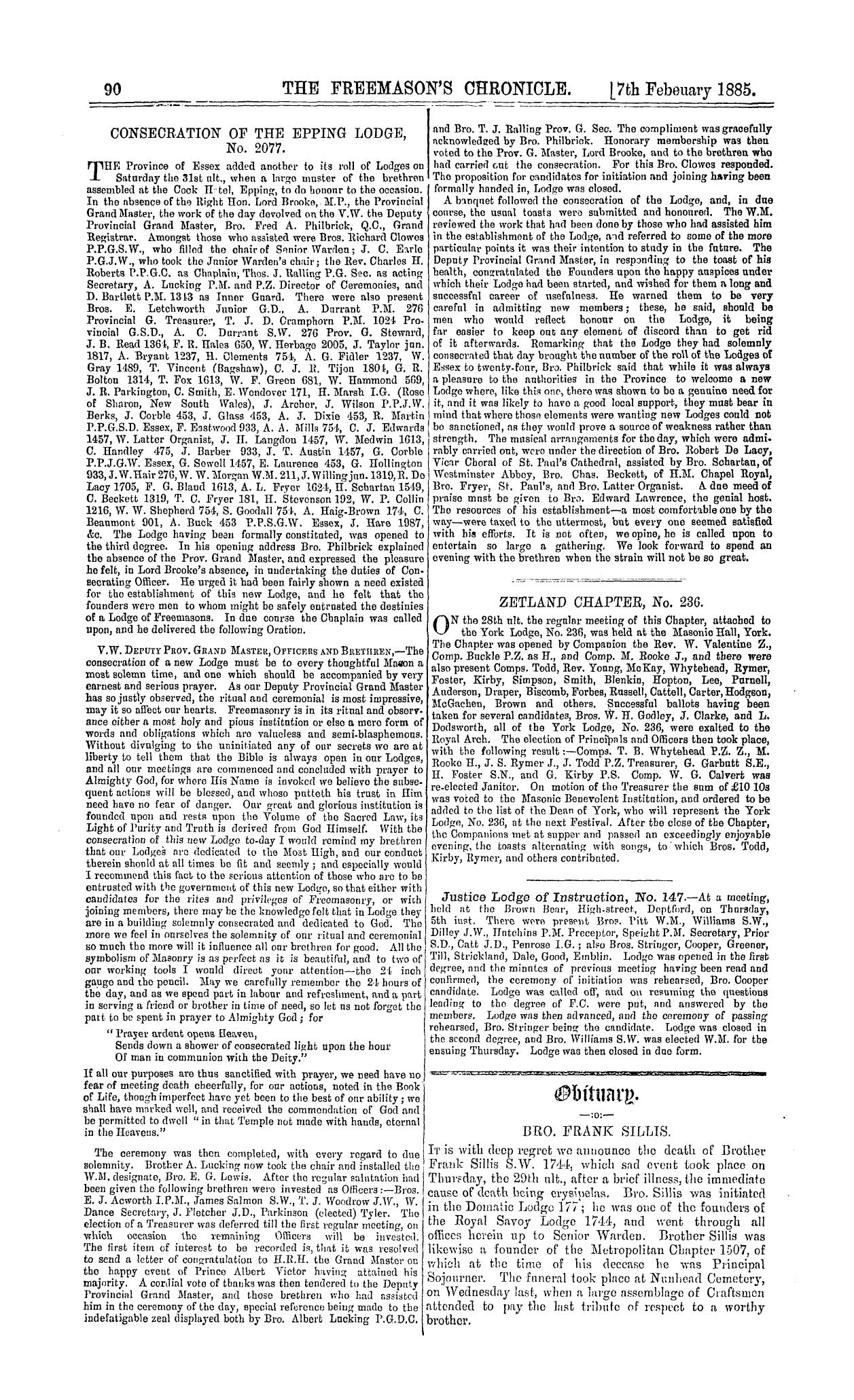 The Freemason's Chronicle: 1885-02-07 - Obituary.