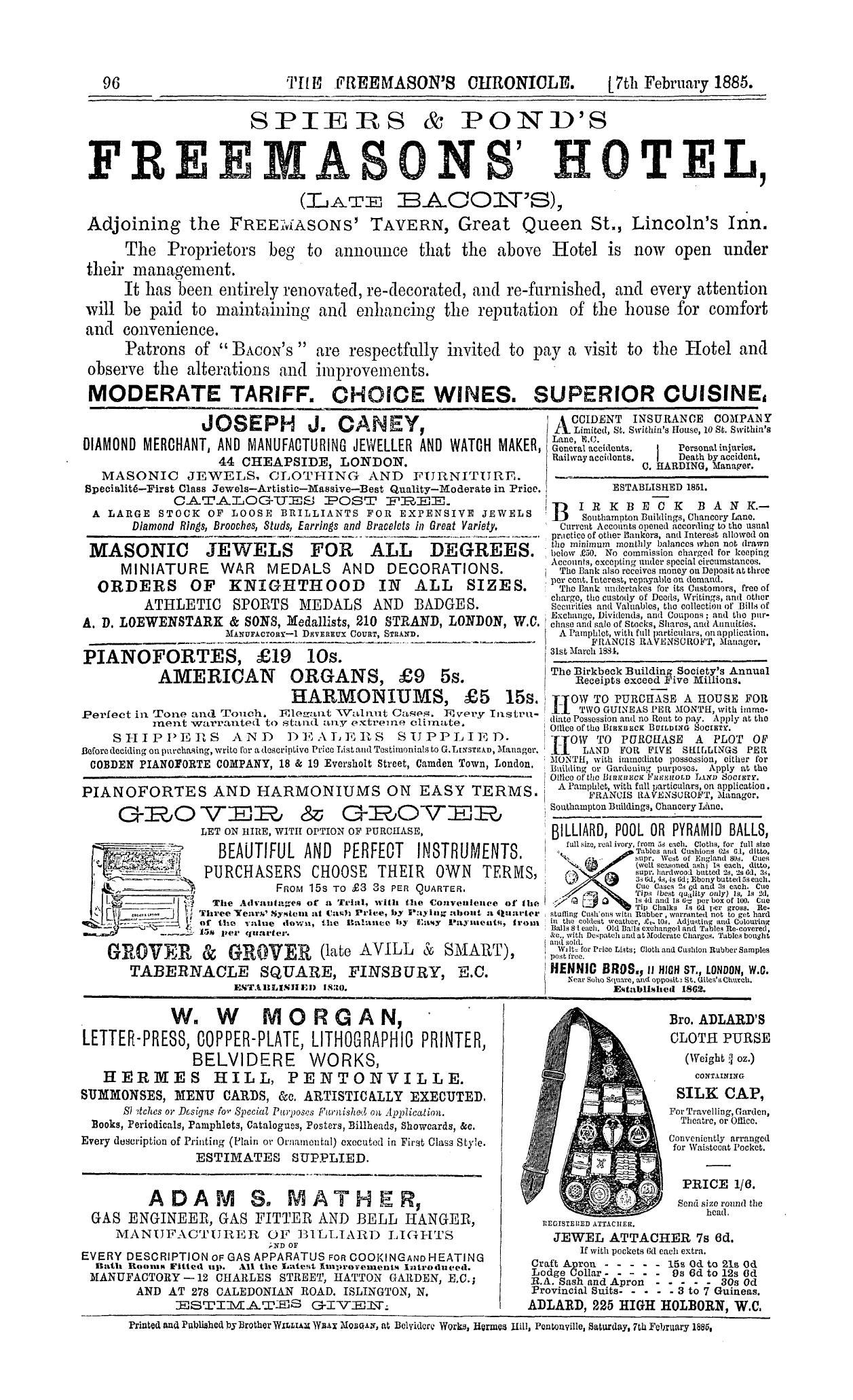 The Freemason's Chronicle: 1885-02-07 - Ad01612