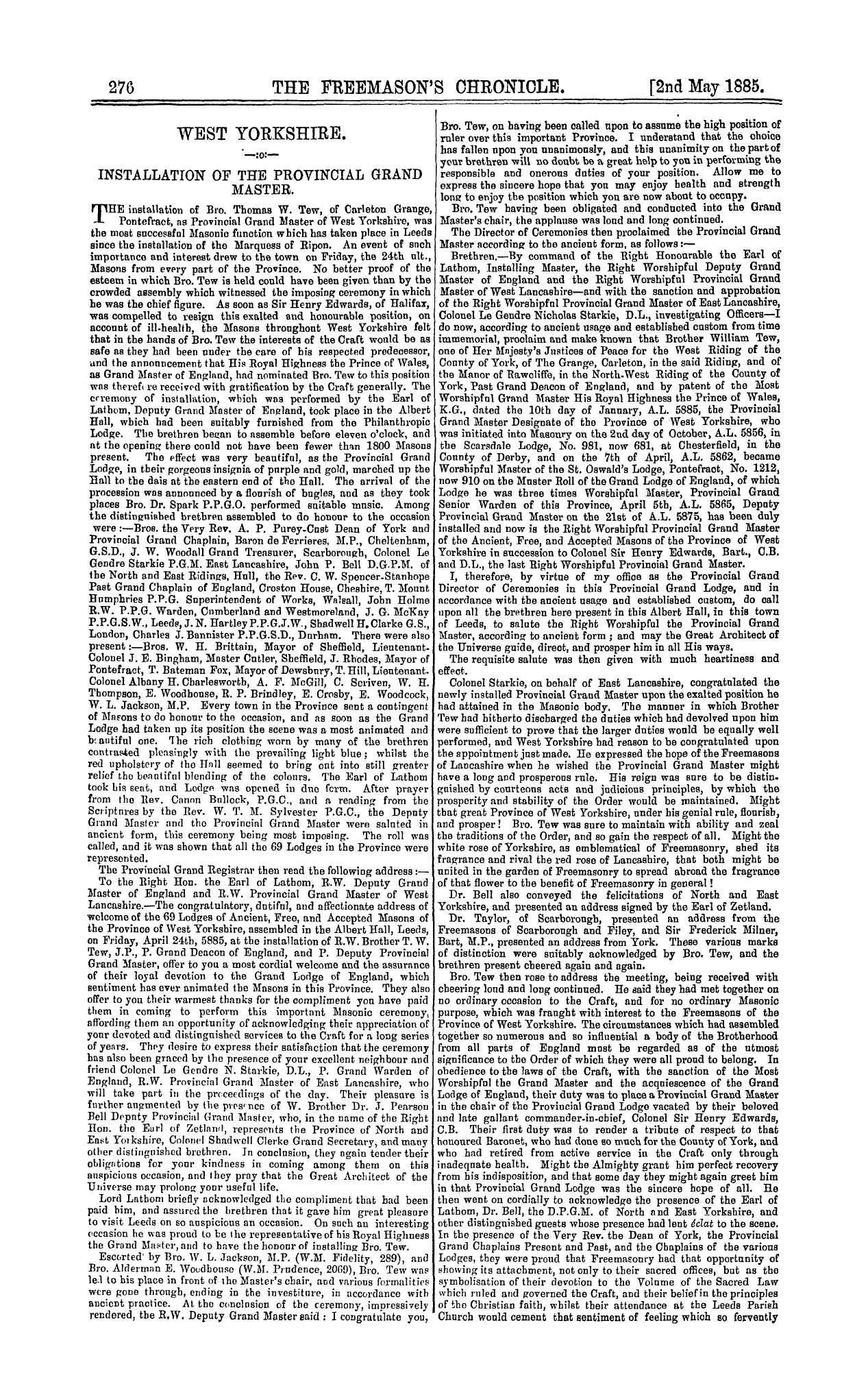 The Freemason's Chronicle: 1885-05-02 - West Yorkshire.