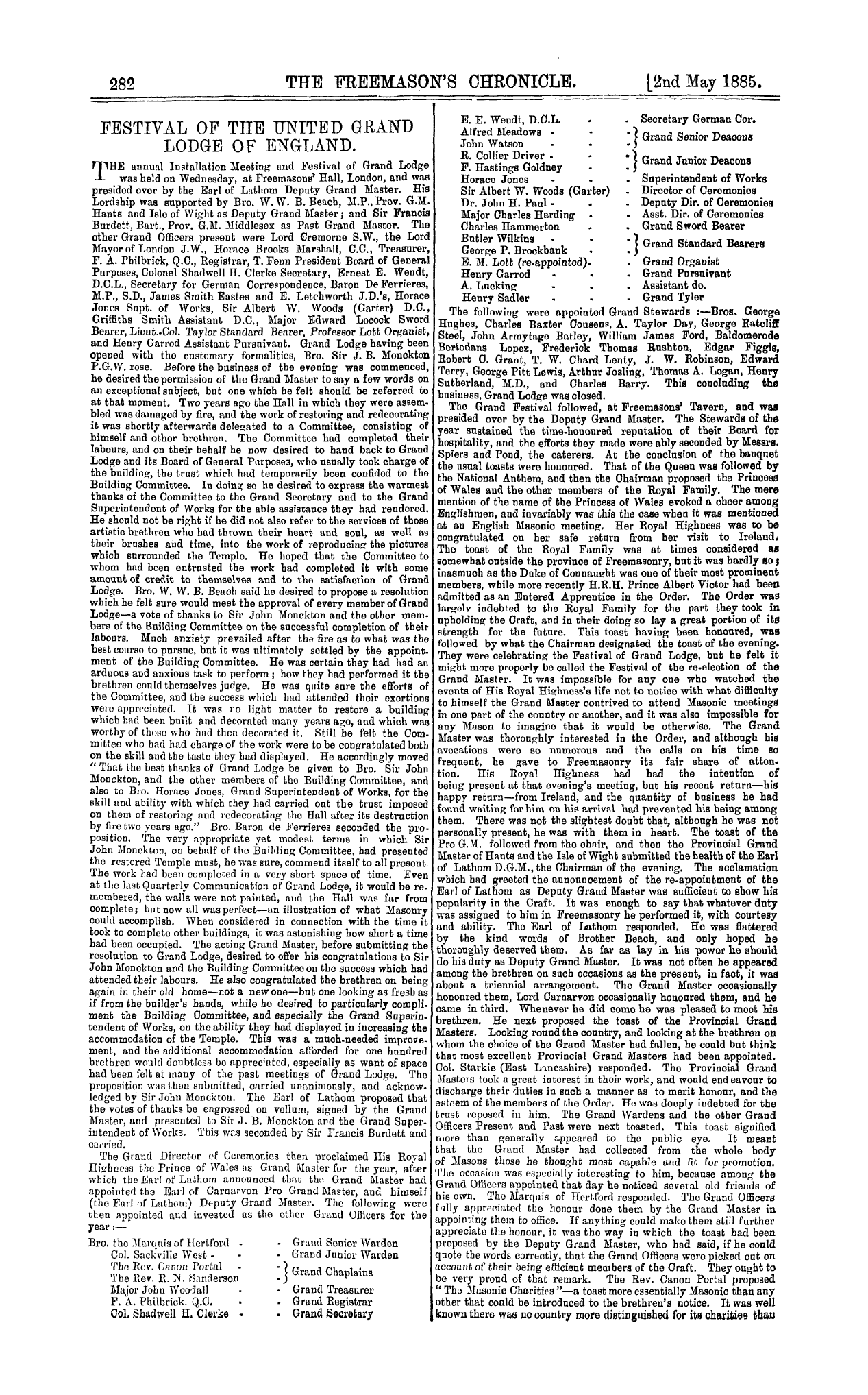 The Freemason's Chronicle: 1885-05-02 - Festival Of The United Grand Lodge Of England.