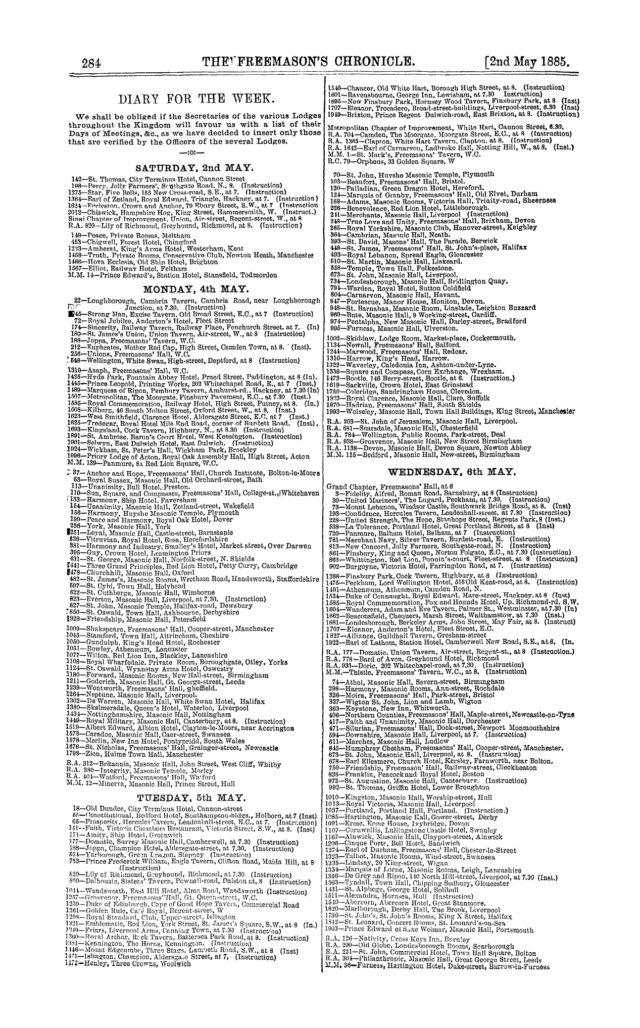 The Freemason's Chronicle: 1885-05-02 - Diary For The Week.