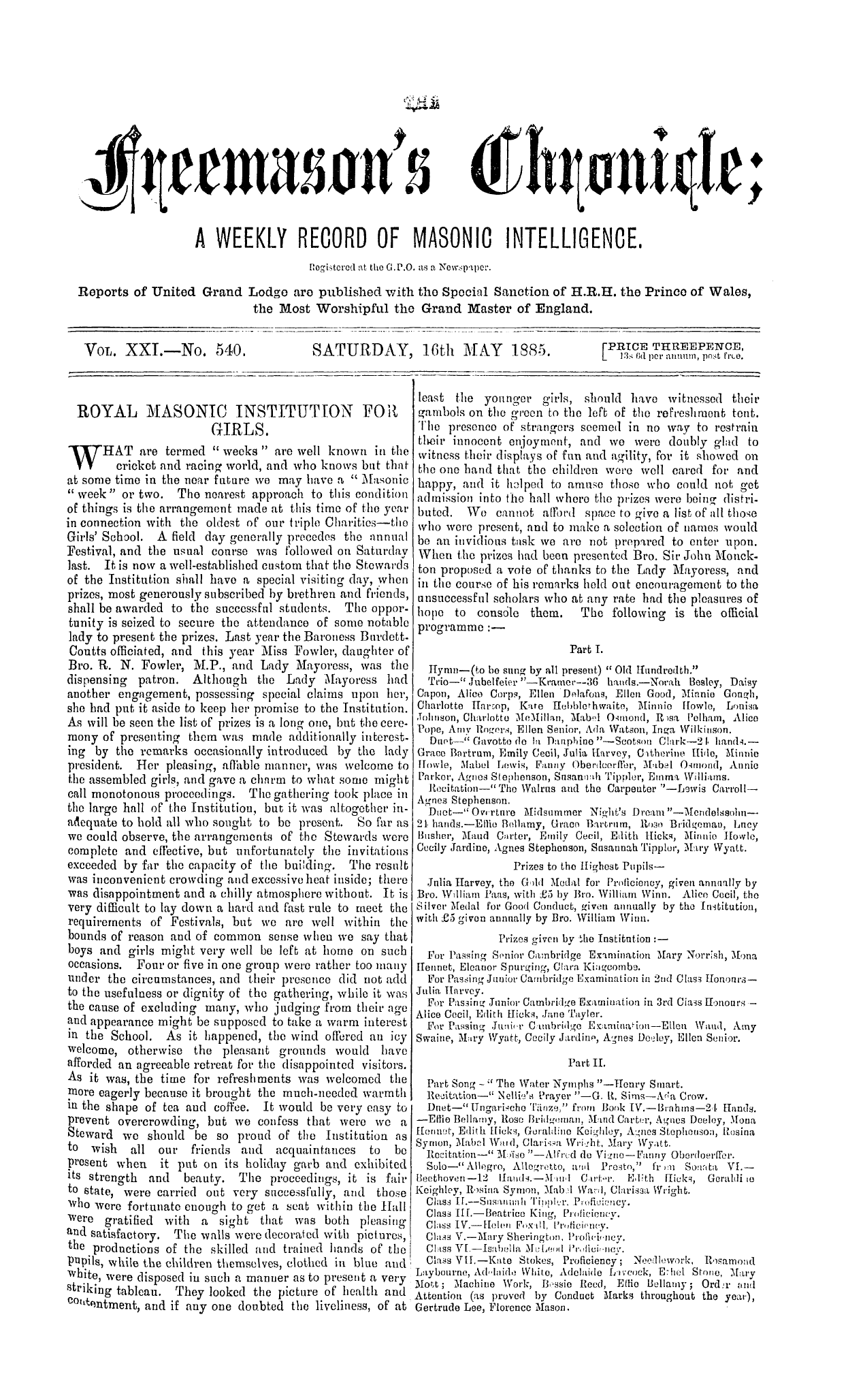 The Freemason's Chronicle: 1885-05-16: 1