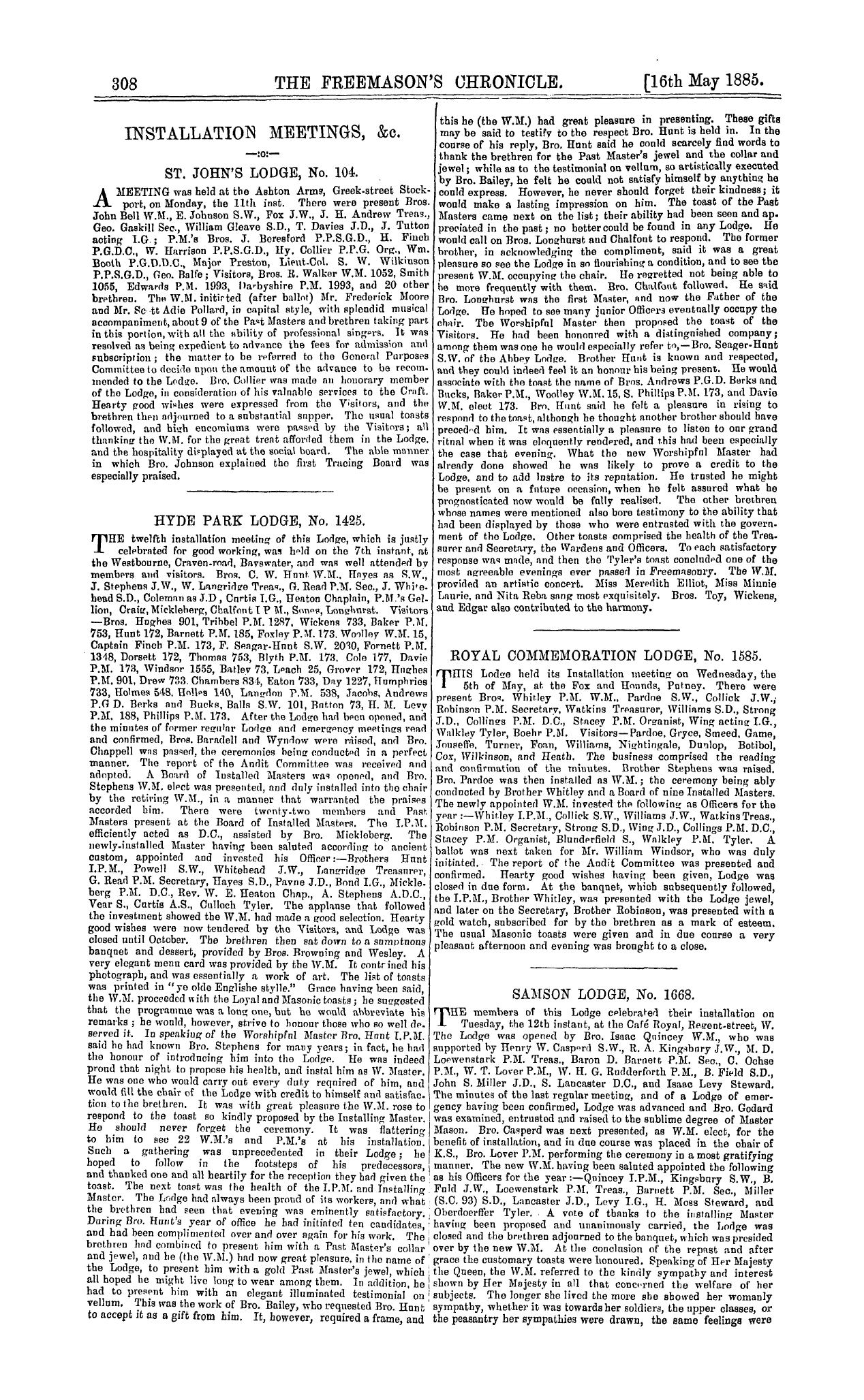 The Freemason's Chronicle: 1885-05-16 - Installation Meetings, &C.