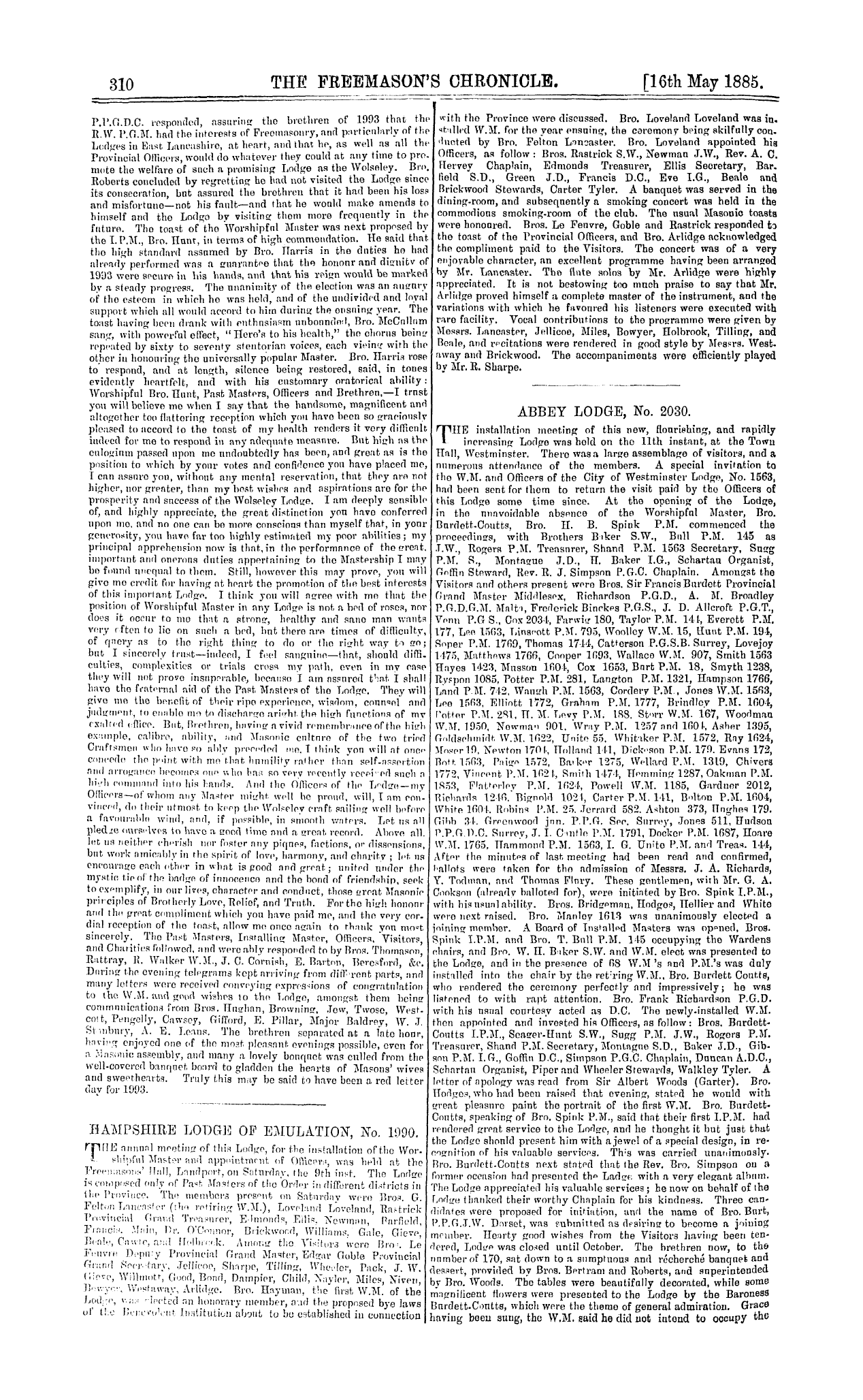 The Freemason's Chronicle: 1885-05-16 - Wolseley Lodge, No. 1993.
