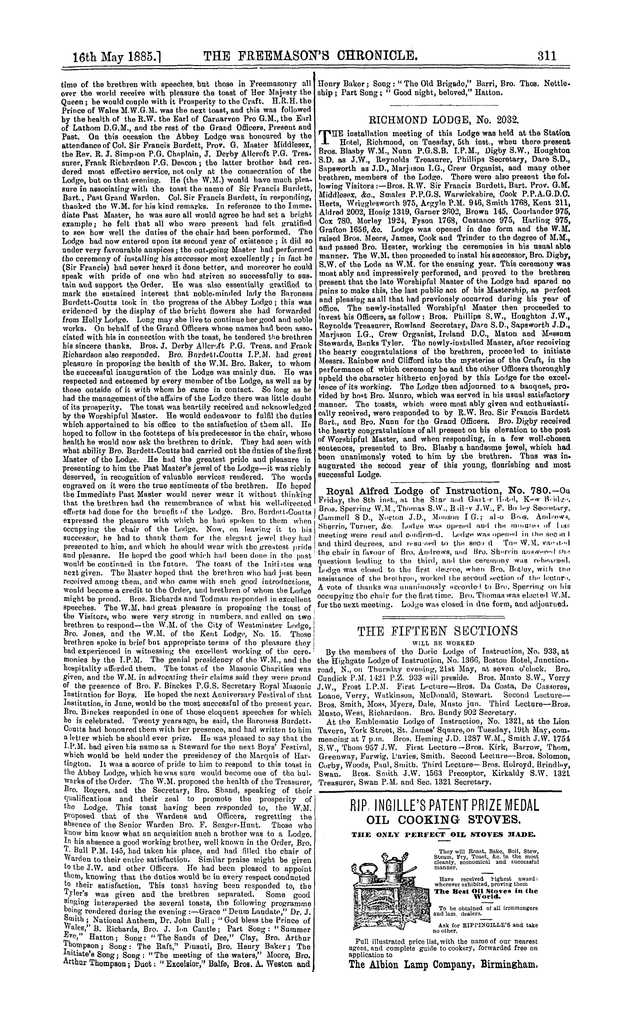 The Freemason's Chronicle: 1885-05-16 - Richmond Lodge, No. 2032.