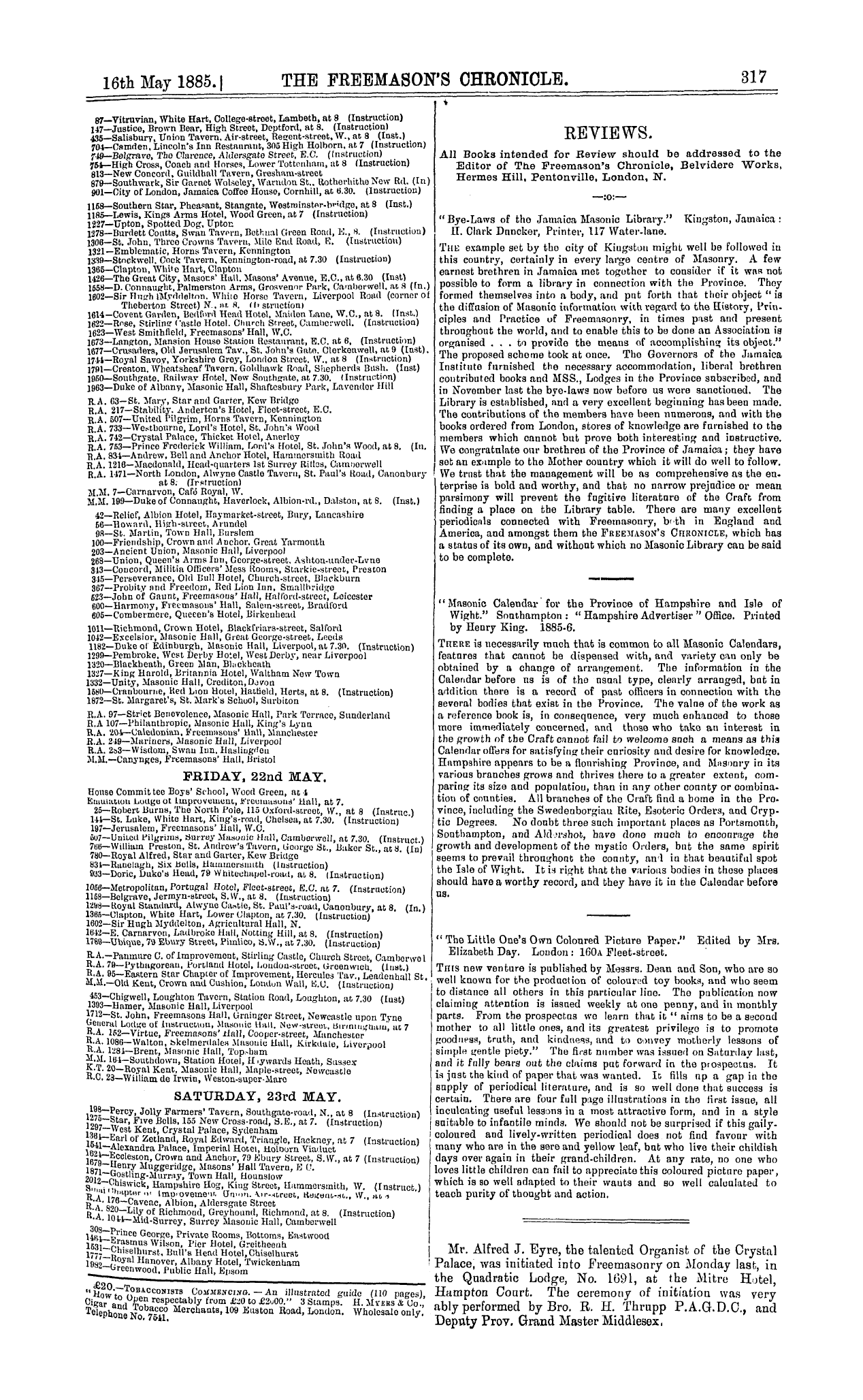 The Freemason's Chronicle: 1885-05-16 - Reviews.