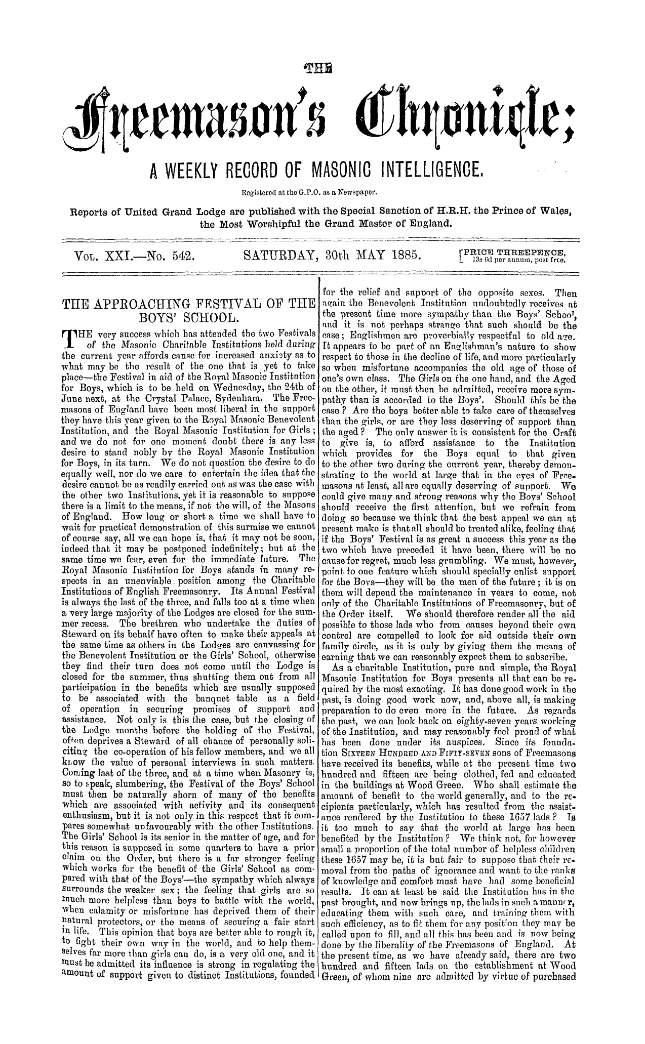 The Freemason's Chronicle: 1885-05-30 - The Approaching Festival Of The Boys' School.