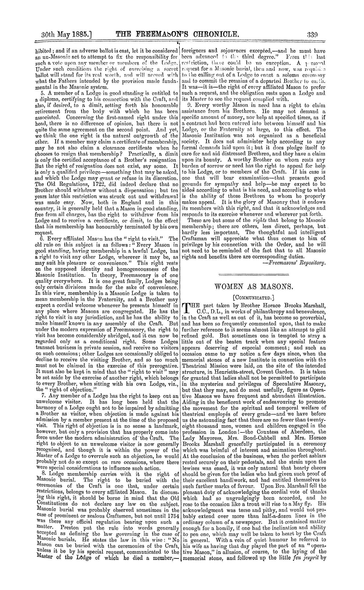 The Freemason's Chronicle: 1885-05-30: 3