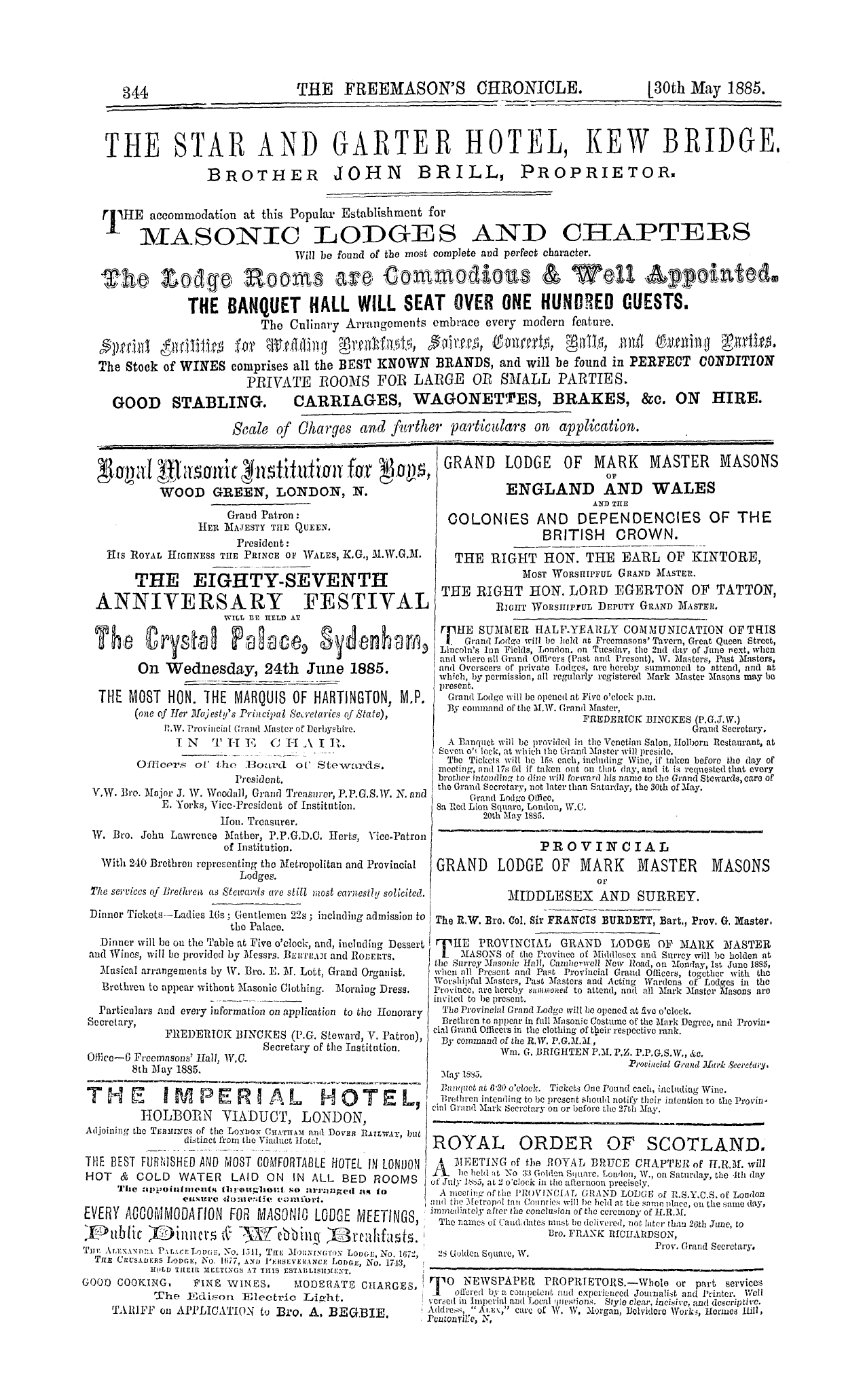 The Freemason's Chronicle: 1885-05-30 - Ad00803