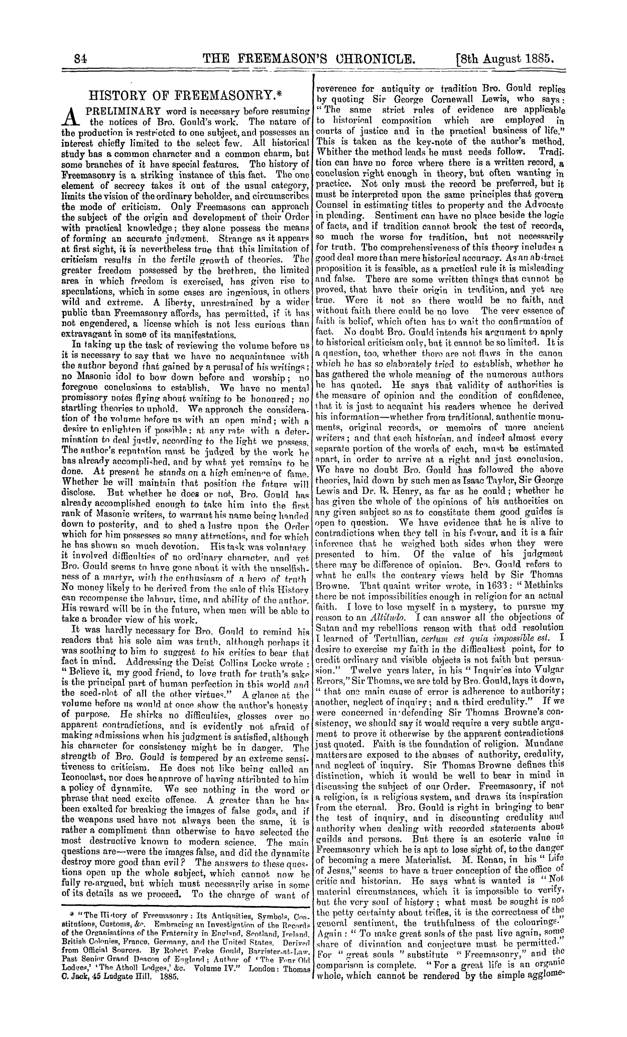 The Freemason's Chronicle: 1885-08-08 - History Of Freemasonry.*