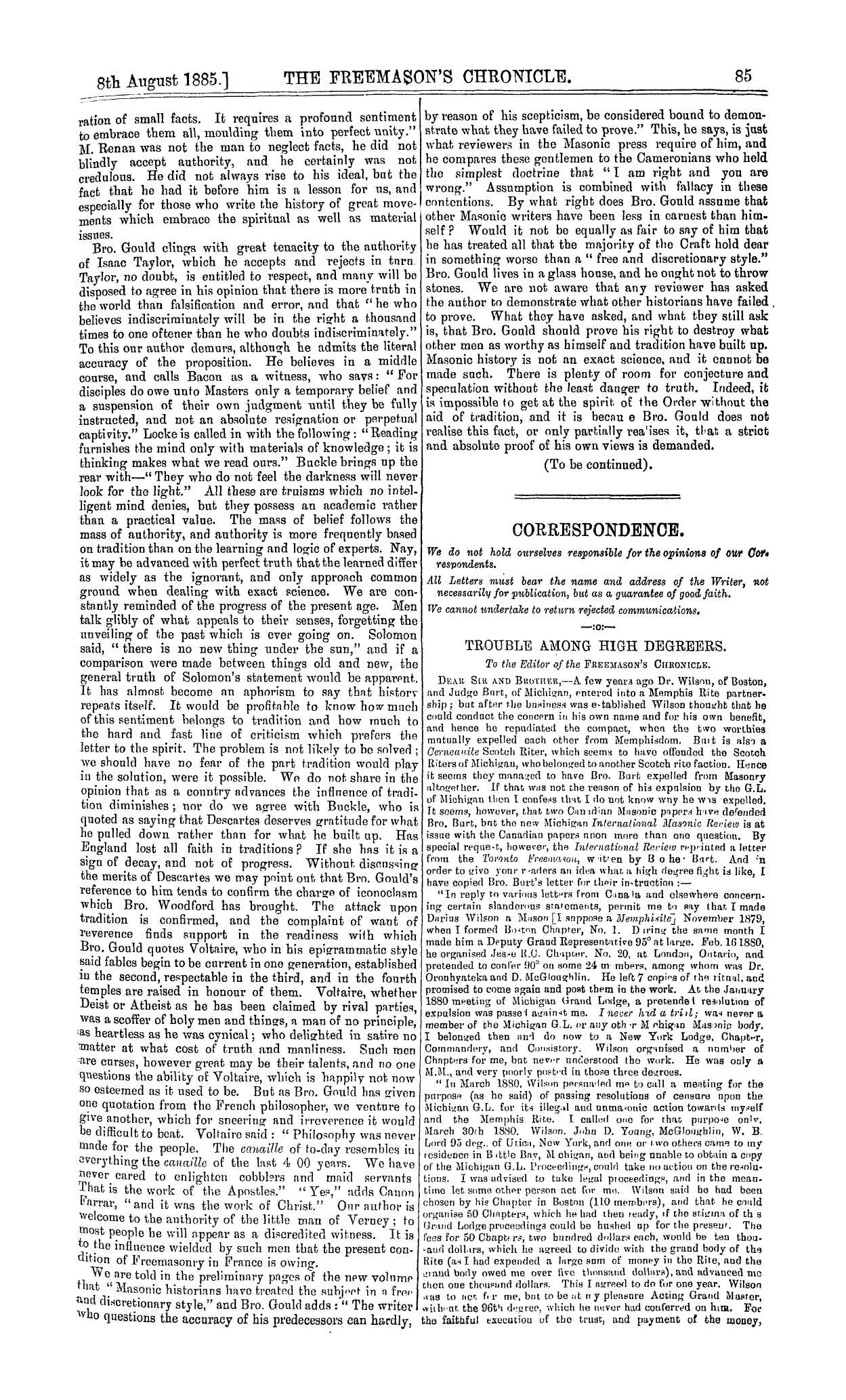 The Freemason's Chronicle: 1885-08-08 - History Of Freemasonry.*