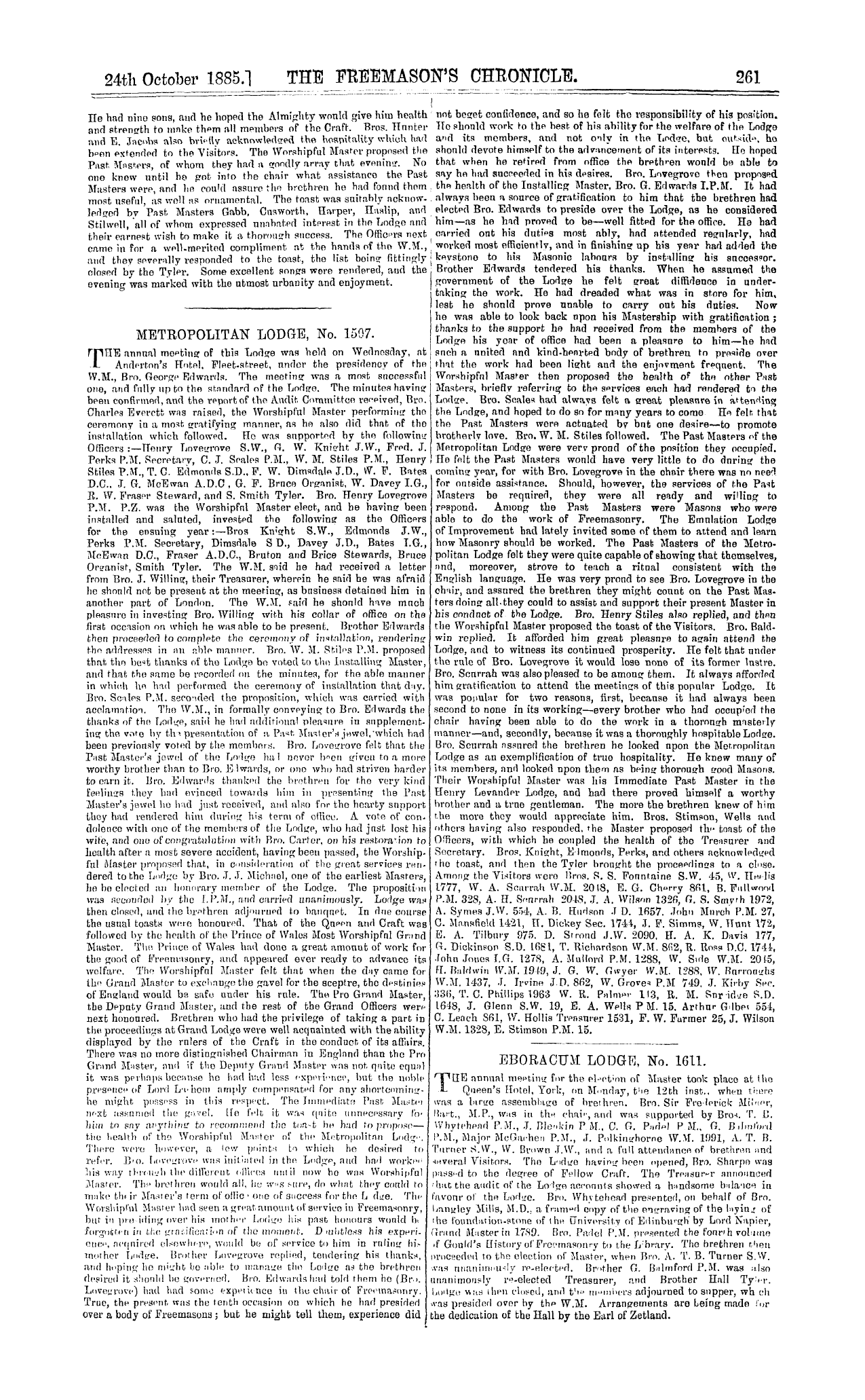 The Freemason's Chronicle: 1885-10-24 - Metropolitan Lodge, No. 1507.