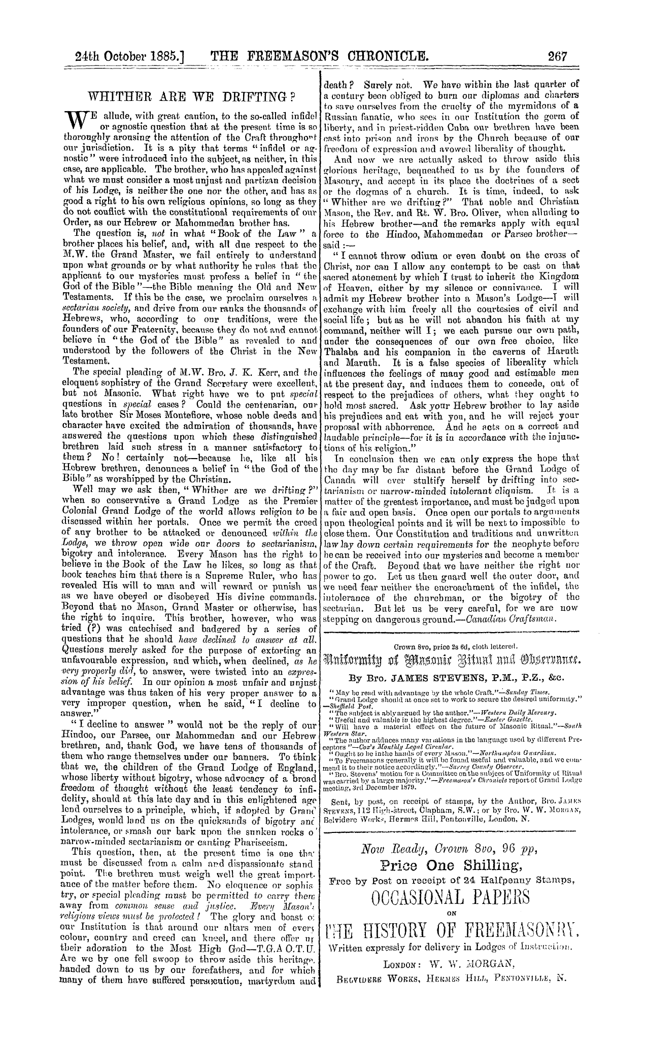 The Freemason's Chronicle: 1885-10-24 - Whither Are We Drifting ?