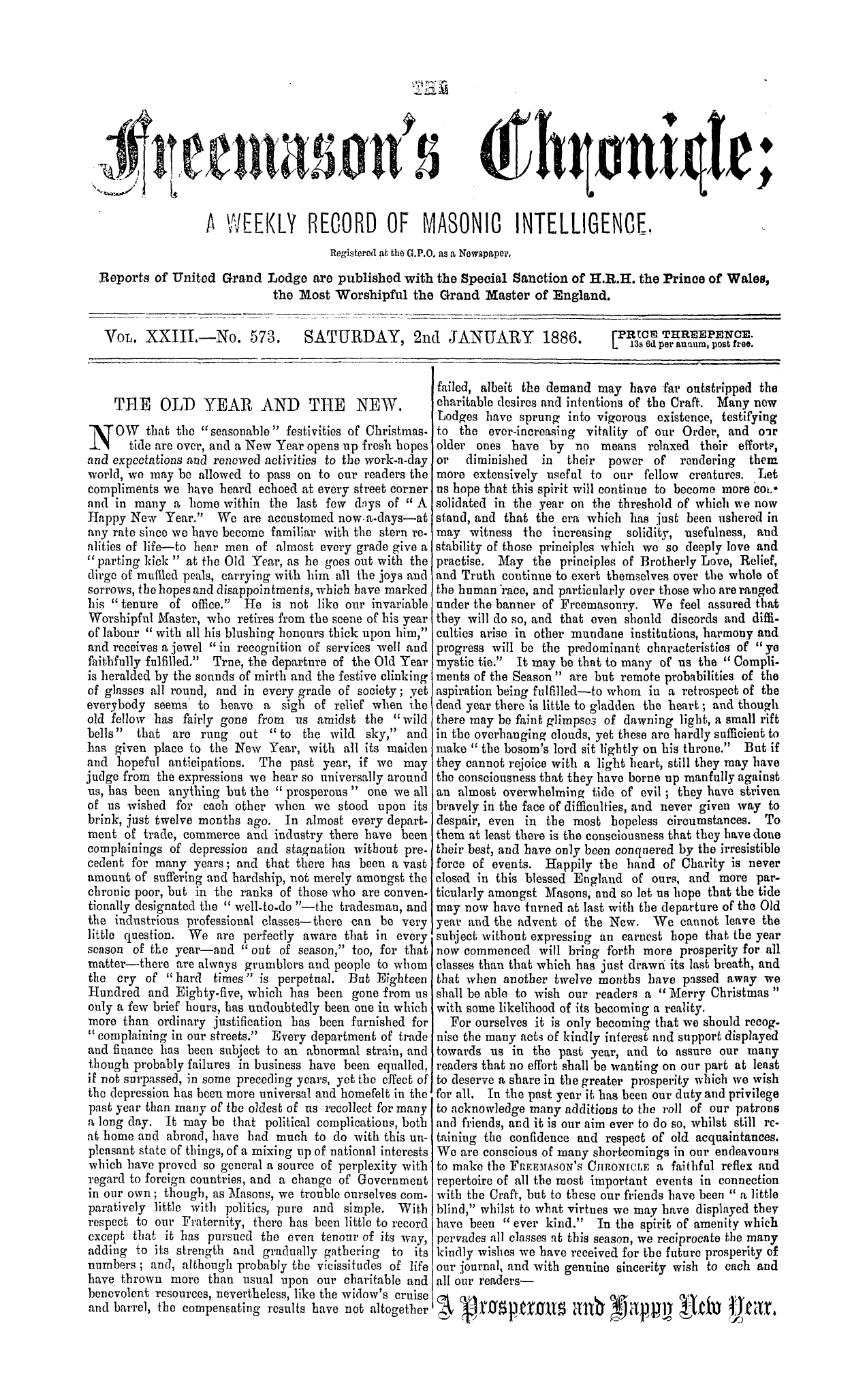 The Freemason's Chronicle: 1886-01-02 - The Old Year And The New.