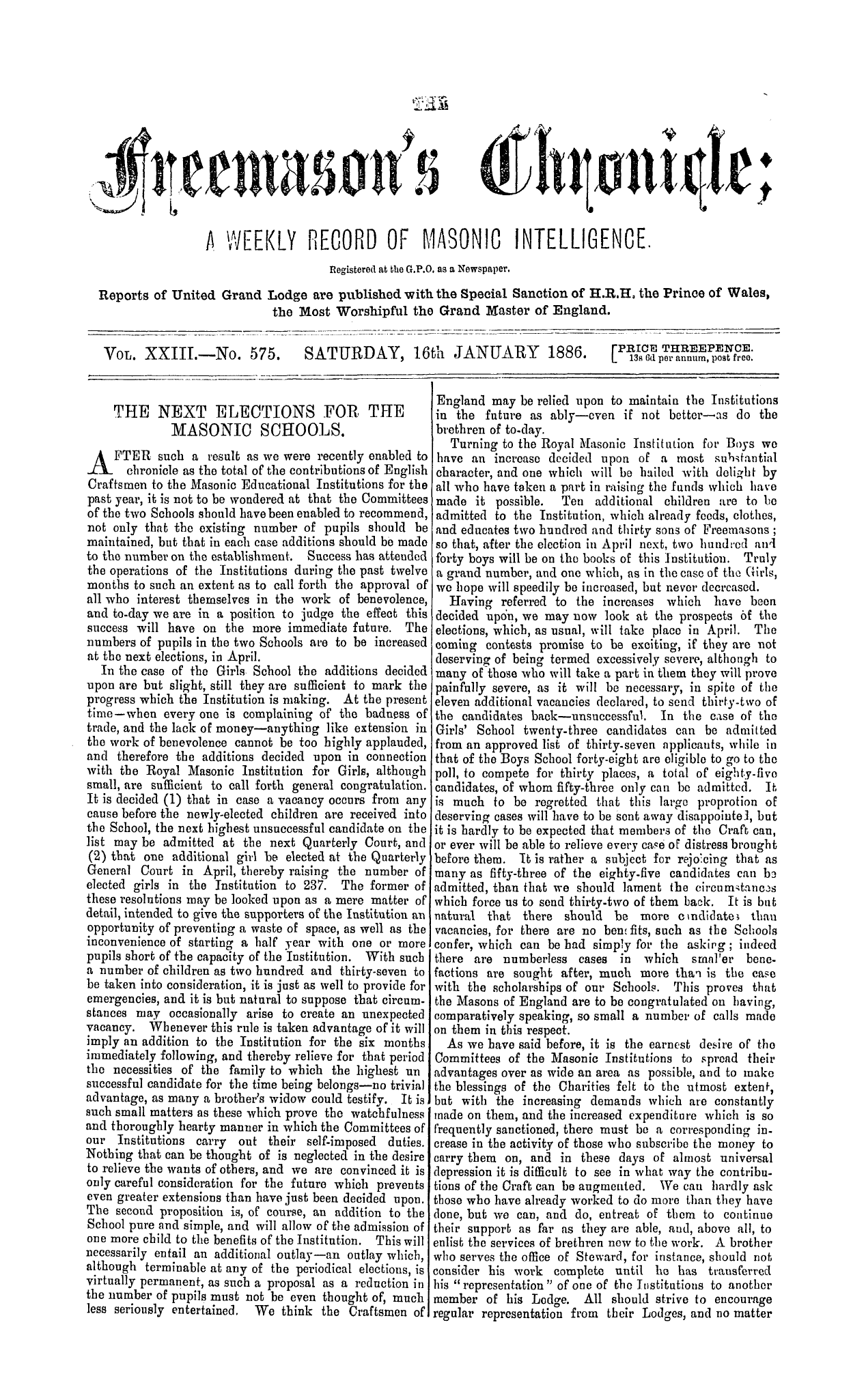 The Freemason's Chronicle: 1886-01-16: 1