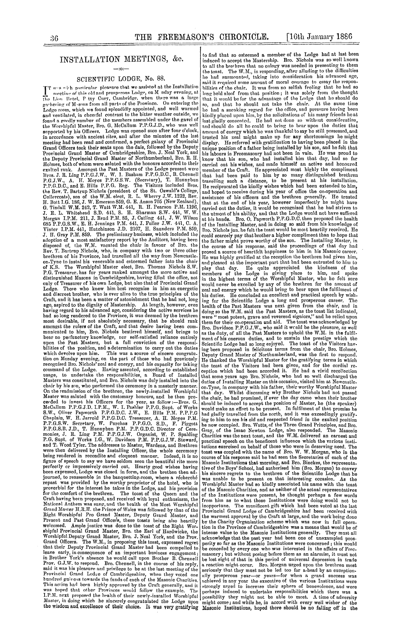 The Freemason's Chronicle: 1886-01-16 - Installation Meetings, &C.