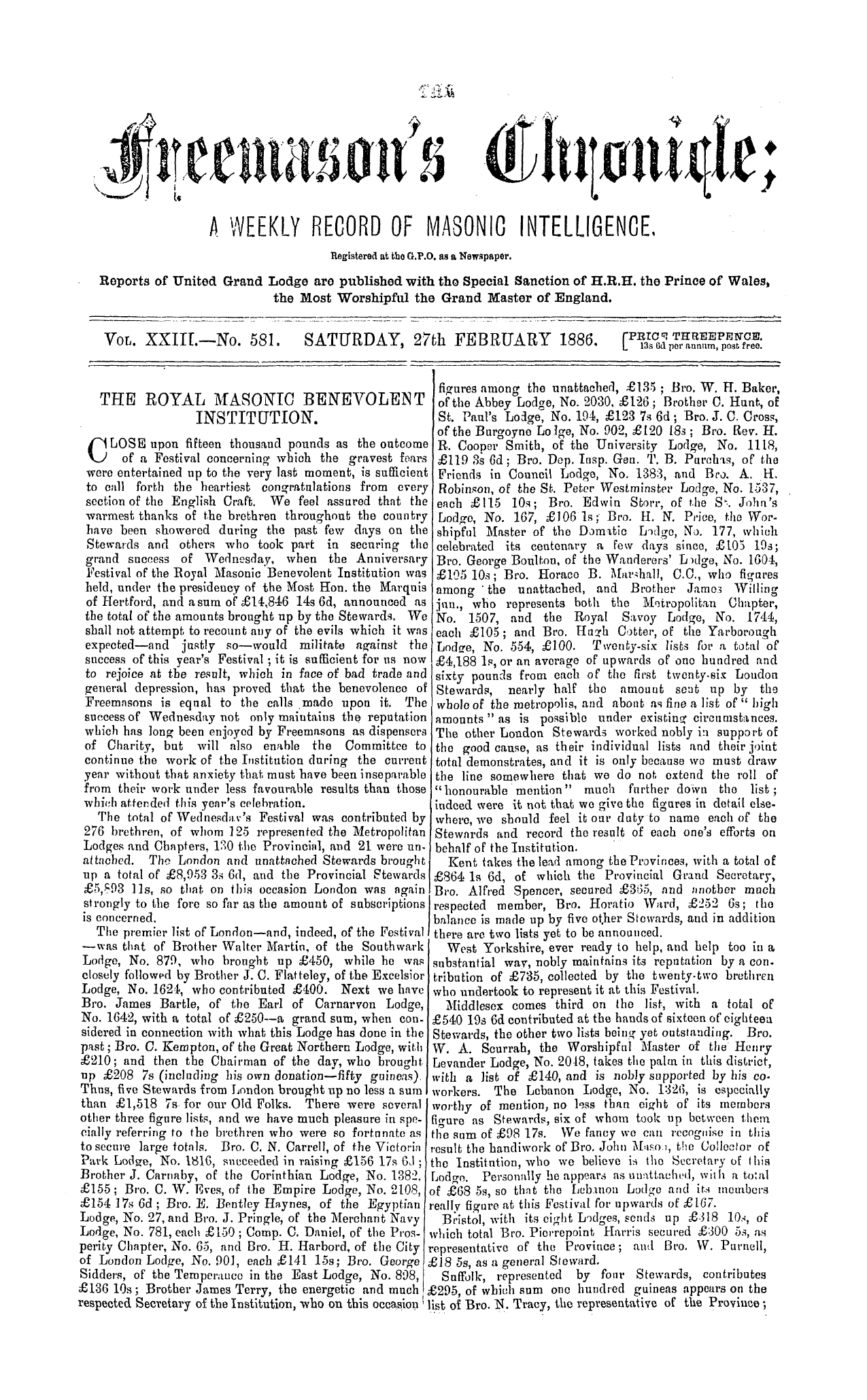 The Freemason's Chronicle: 1886-02-27: 1