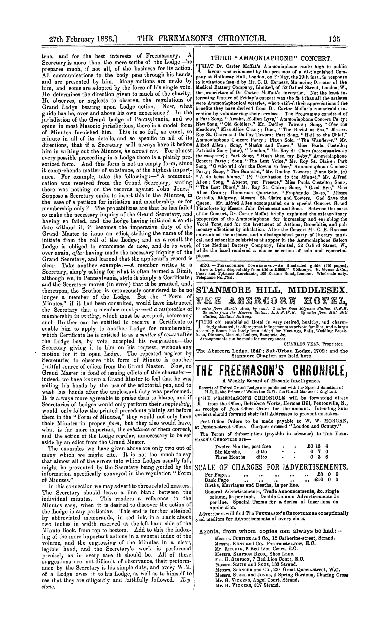 The Freemason's Chronicle: 1886-02-27 - The Secretary's Minutes.