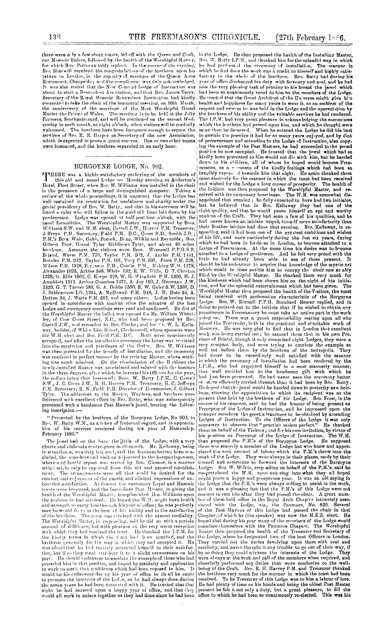 The Freemason's Chronicle: 1886-02-27 - Installation Meetings, &C.