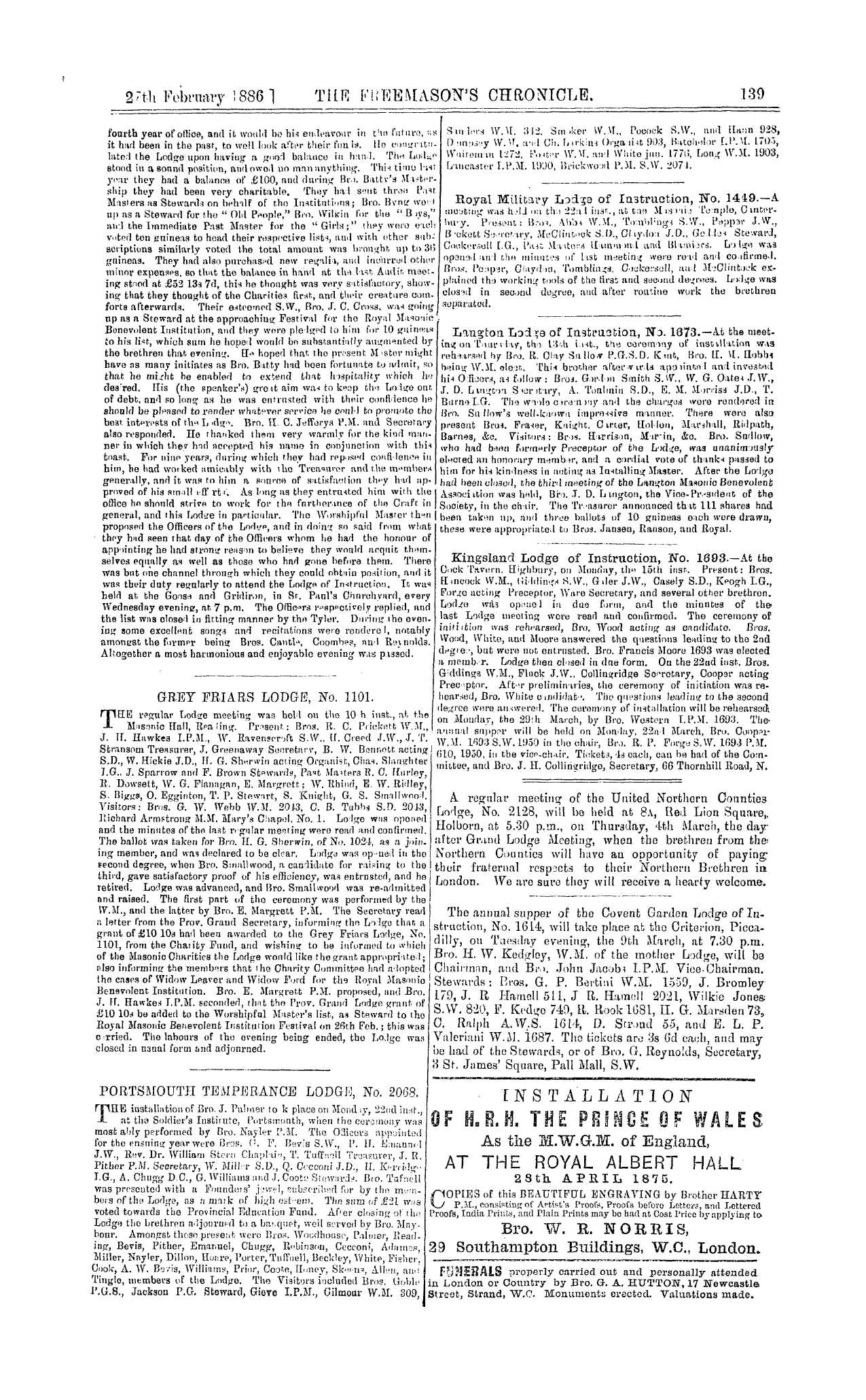 The Freemason's Chronicle: 1886-02-27 - Ad01105