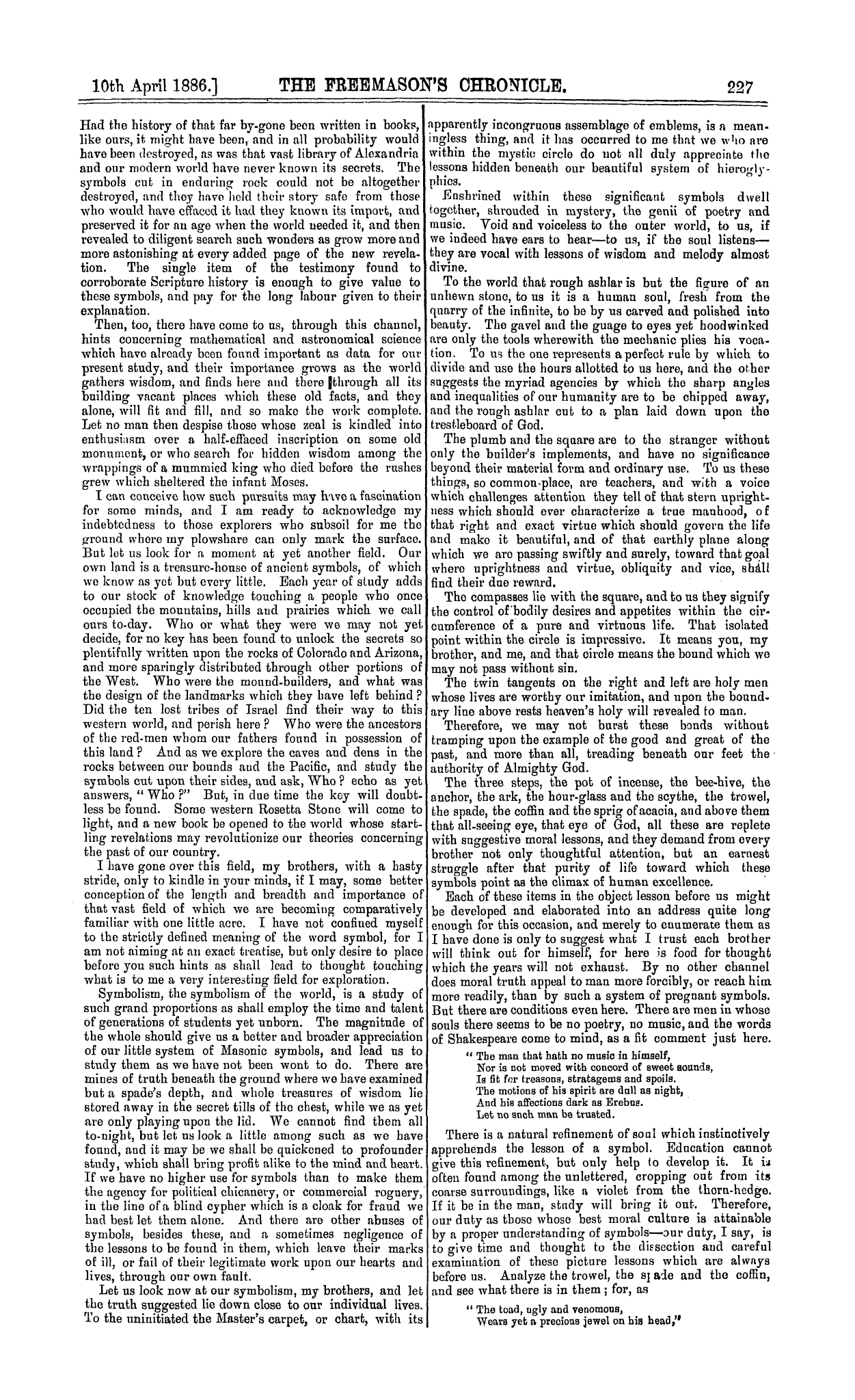 The Freemason's Chronicle: 1886-04-10 - Symbols.