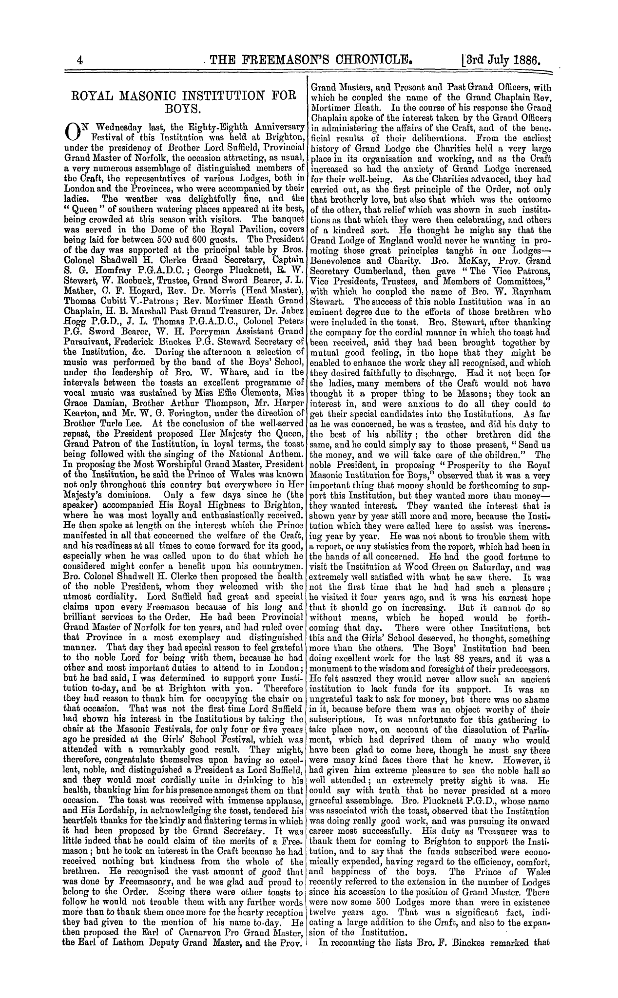 The Freemason's Chronicle: 1886-07-03 - Royal Masonic Institution For Boys.