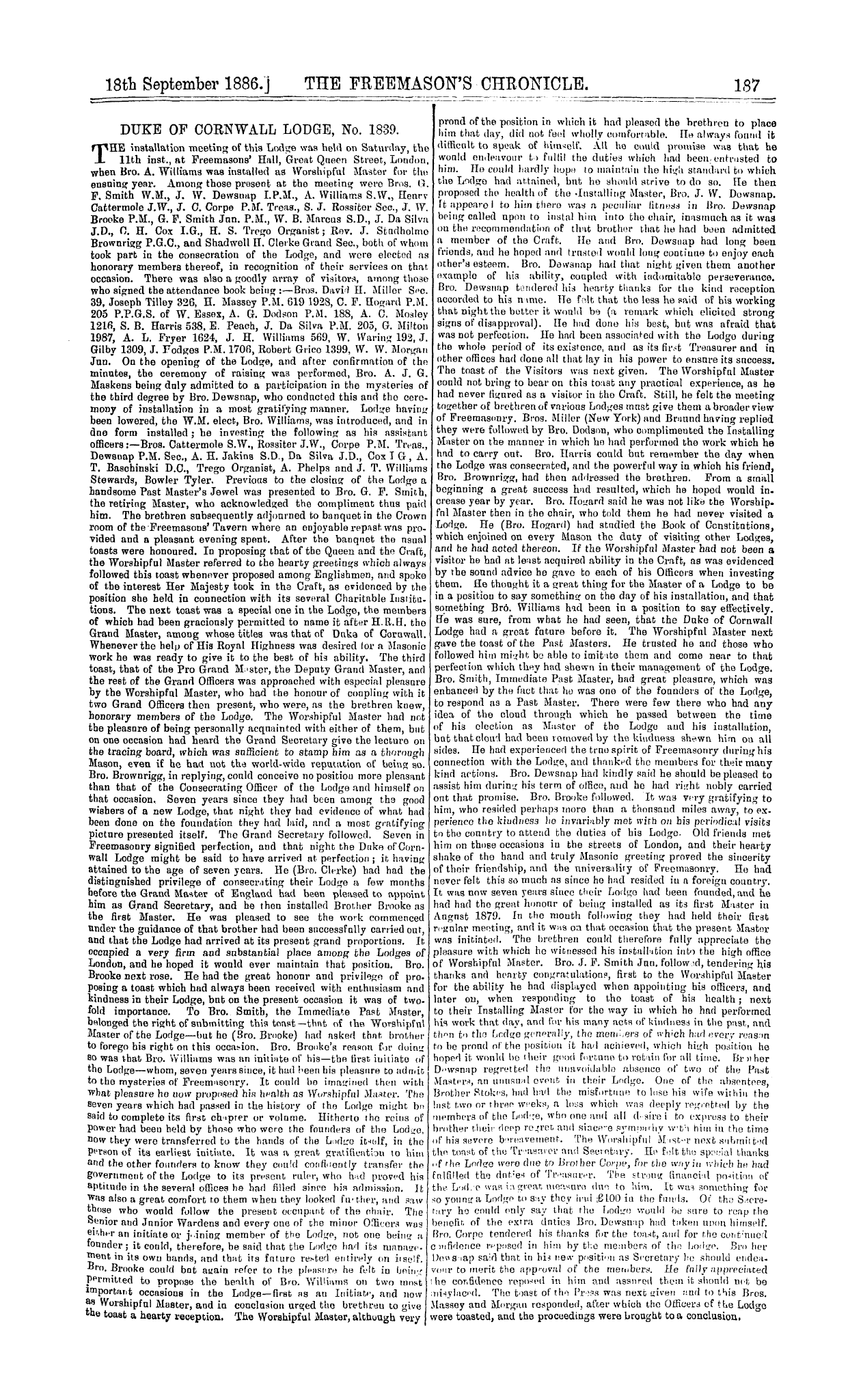 The Freemason's Chronicle: 1886-09-18 - Duke Of Cornwall Lodge, No. 1839.