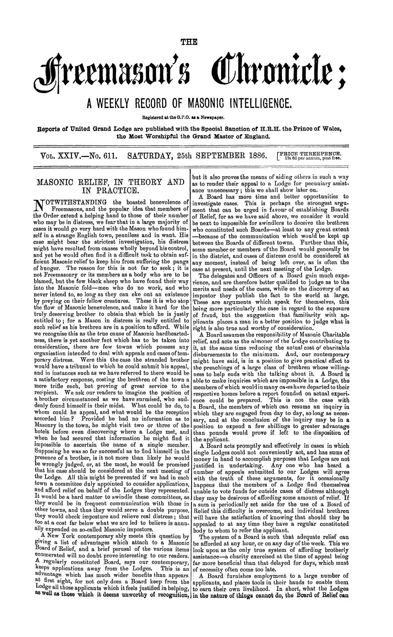 The Freemason's Chronicle: 1886-09-25 - Masonic Relief, In Theory And In Practice.