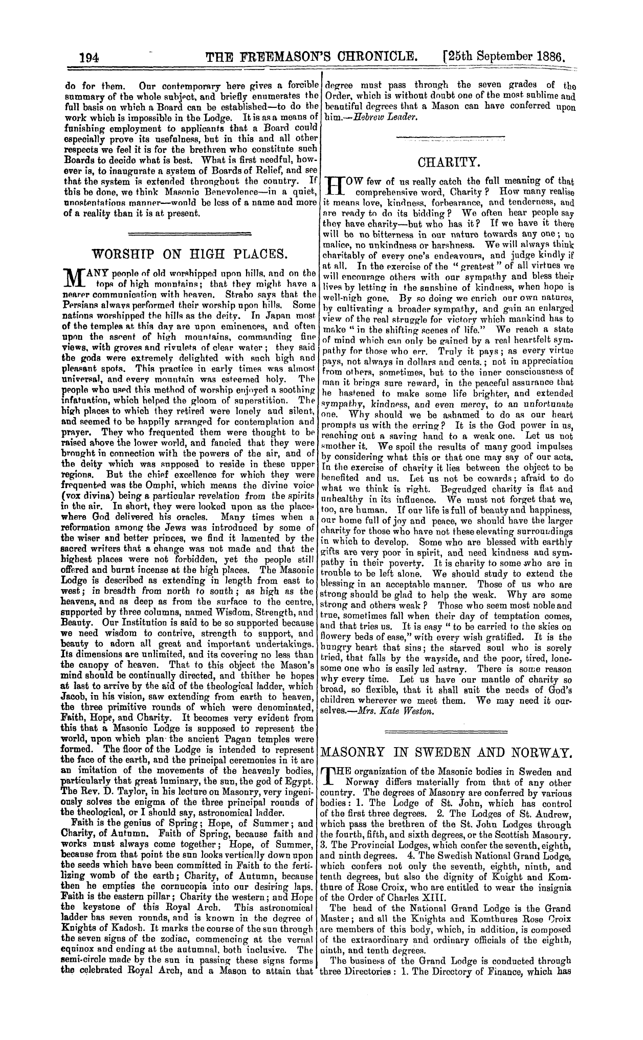 The Freemason's Chronicle: 1886-09-25 - Masonic Relief, In Theory And In Practice.