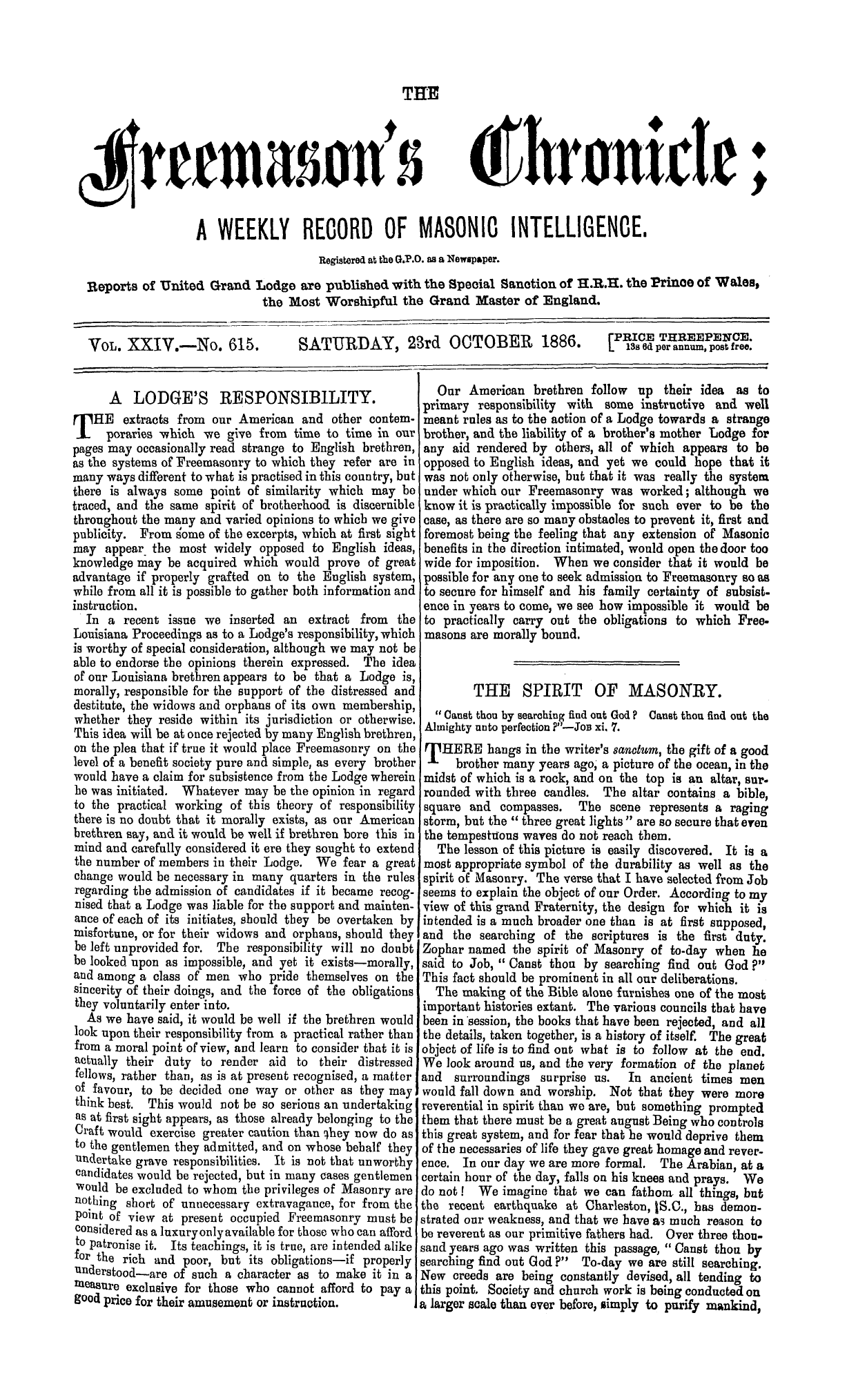 The Freemason's Chronicle: 1886-10-23 - A Lodge's Responsibility.