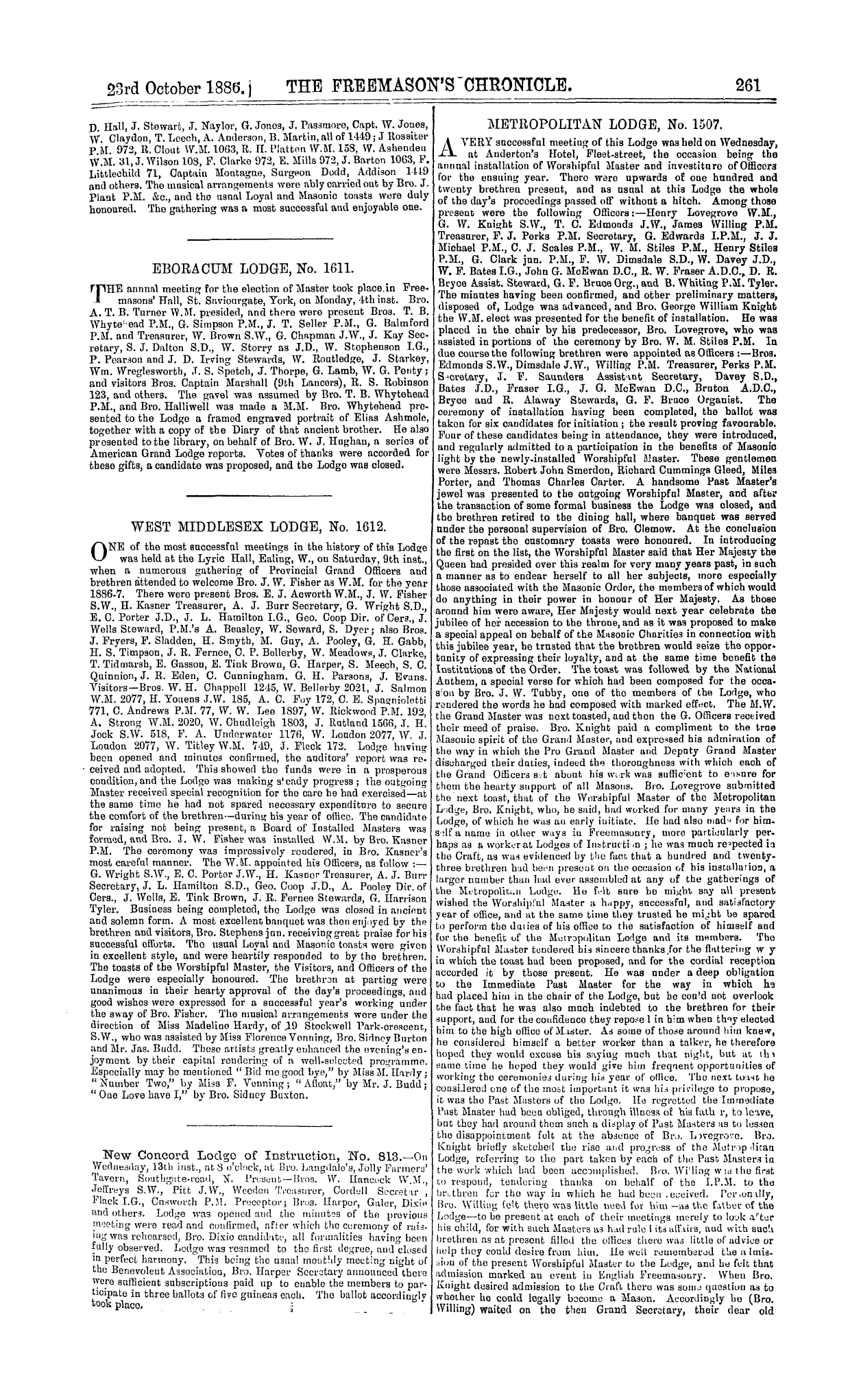 The Freemason's Chronicle: 1886-10-23 - Metropolitan Lodge, No. 1507.