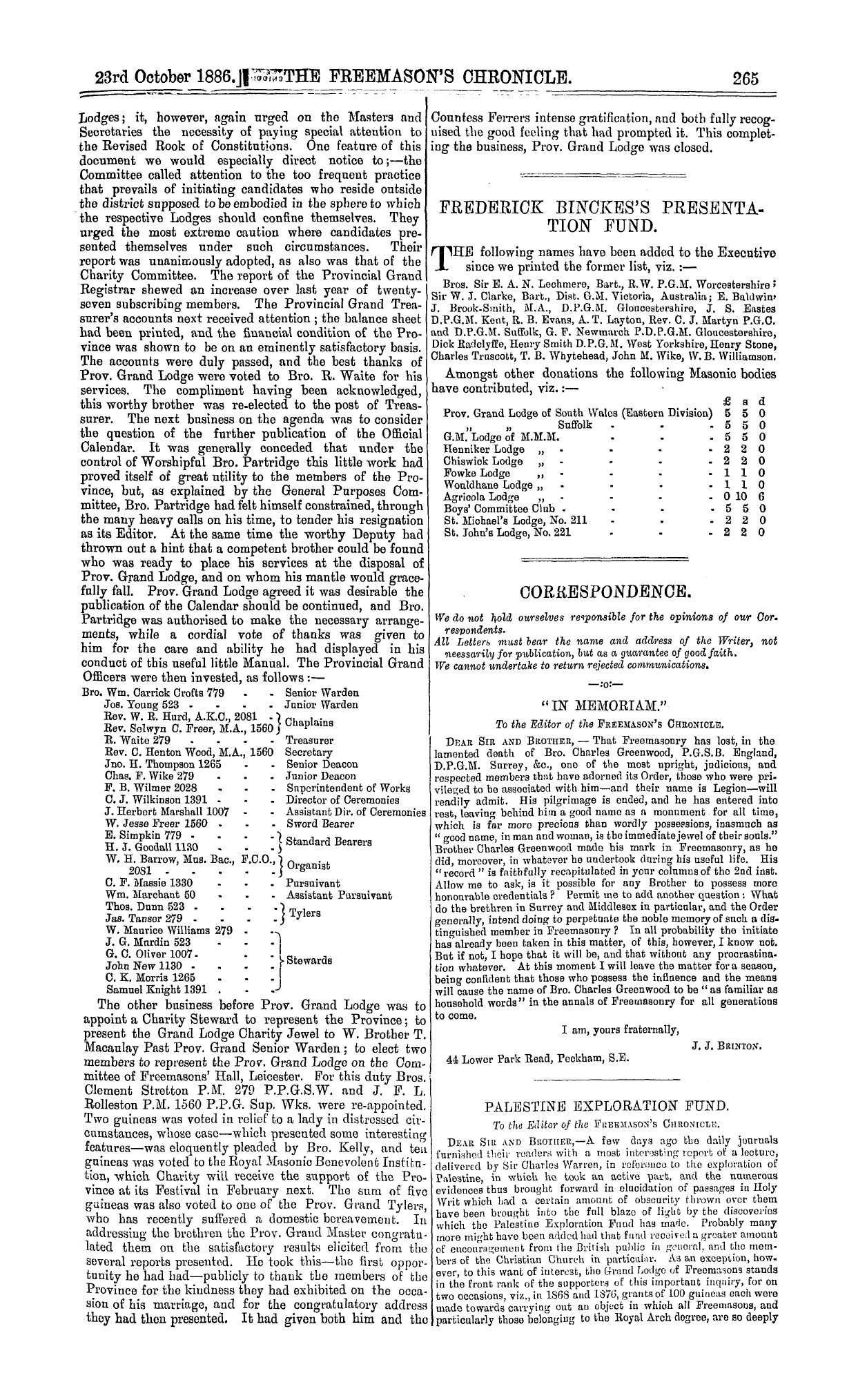The Freemason's Chronicle: 1886-10-23 - Frederick Binckes's Presentation Fund.