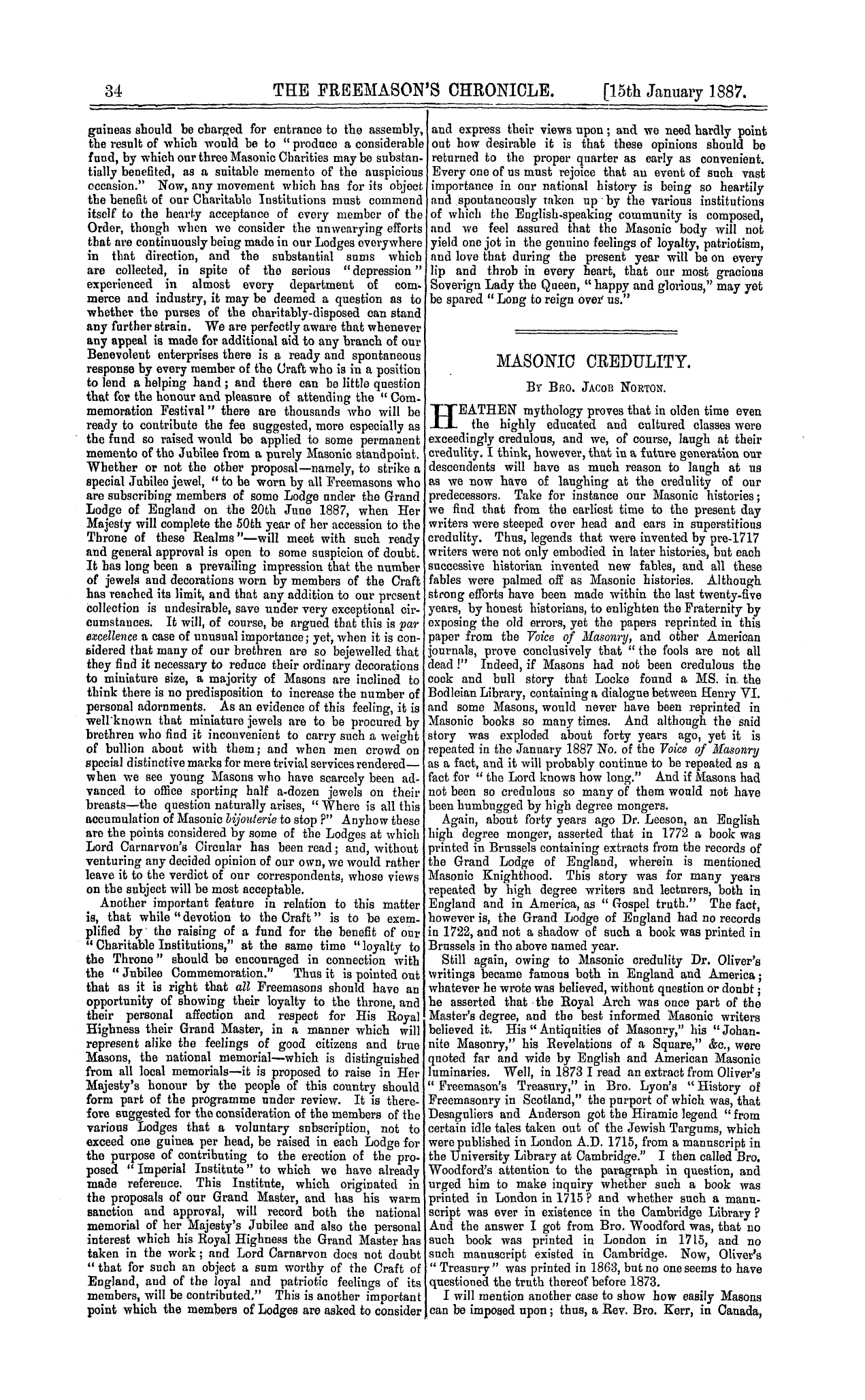 The Freemason's Chronicle: 1887-01-15 - Masonic Credulity.