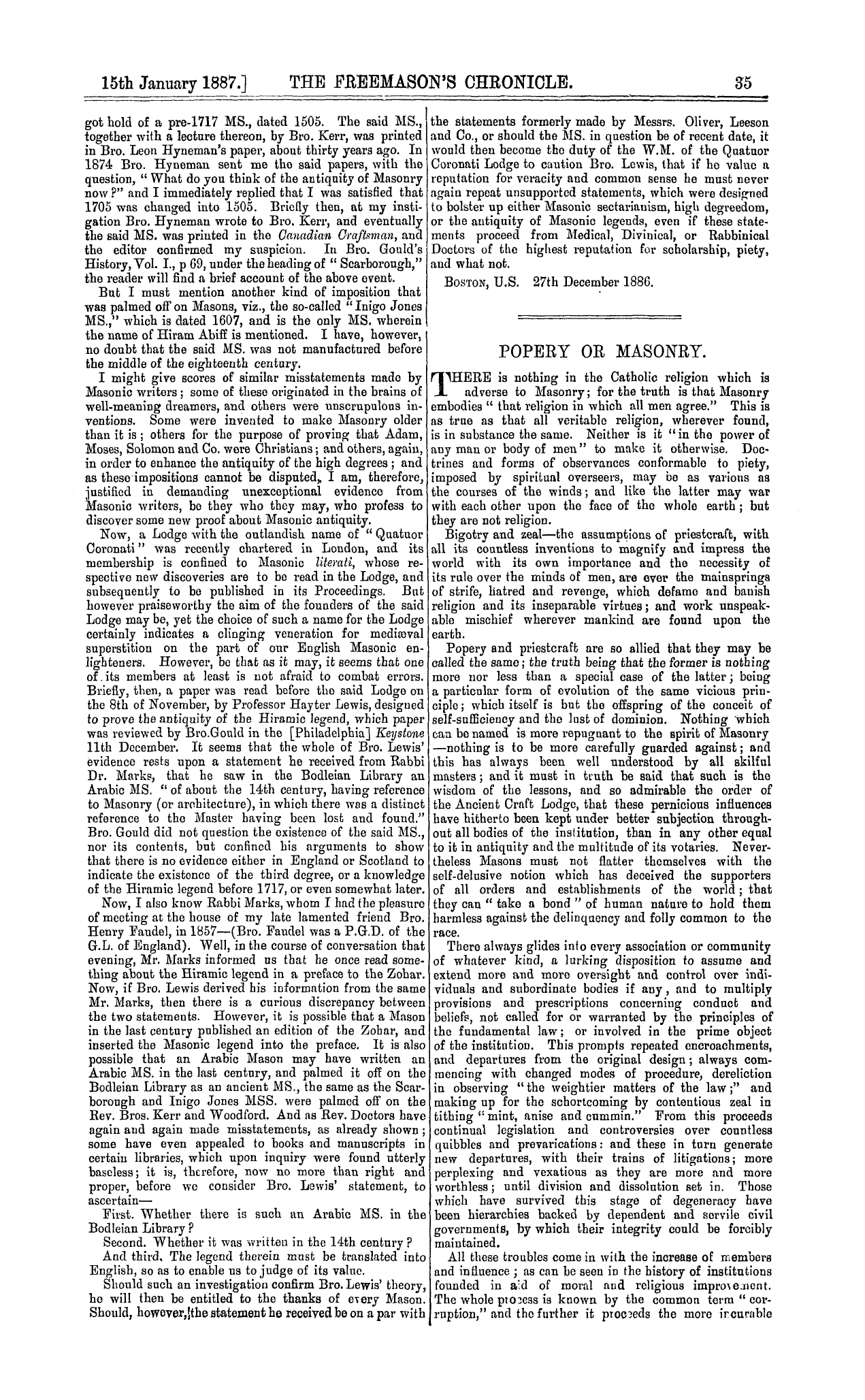 The Freemason's Chronicle: 1887-01-15 - Popery Or Masonry.