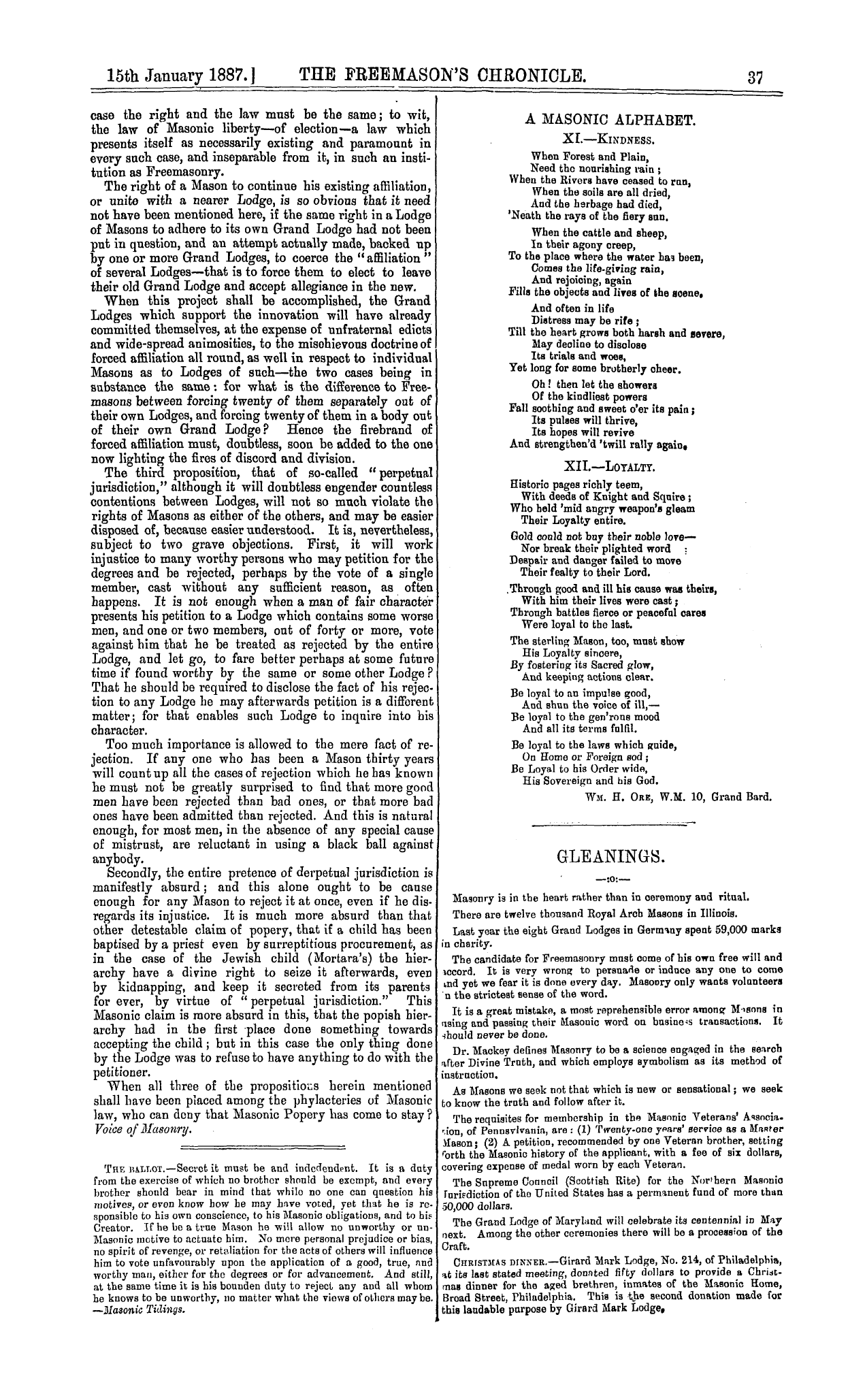 The Freemason's Chronicle: 1887-01-15 - Gleanings.