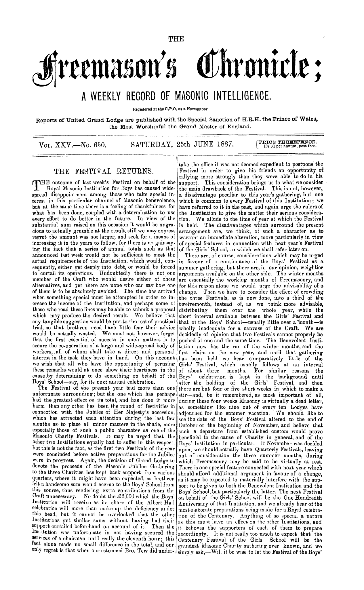 The Freemason's Chronicle: 1887-06-25 - The Festival Returns.