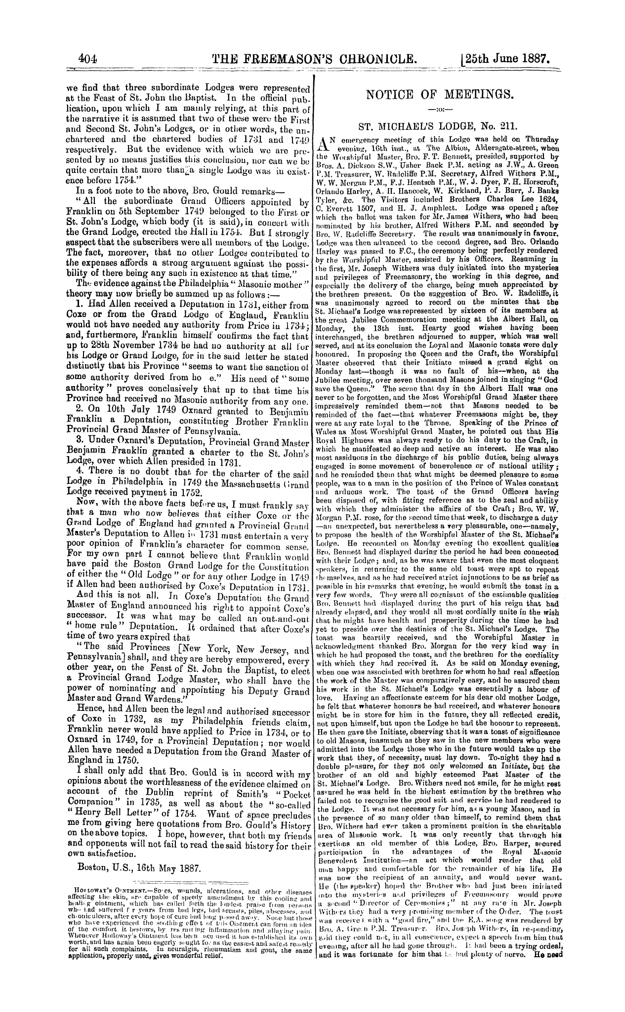 The Freemason's Chronicle: 1887-06-25 - Notice Of Meetings.
