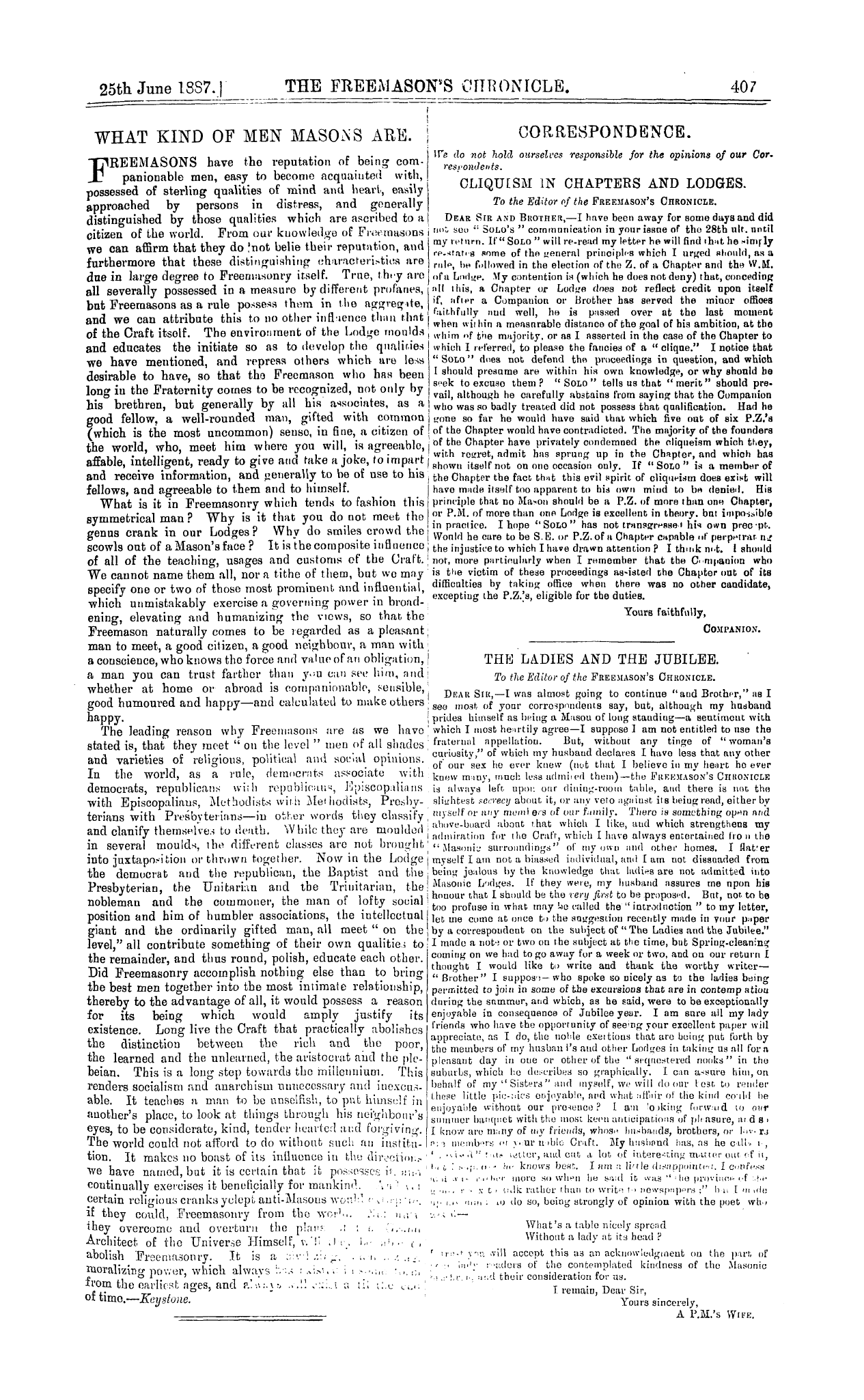 The Freemason's Chronicle: 1887-06-25 - Correspondence.