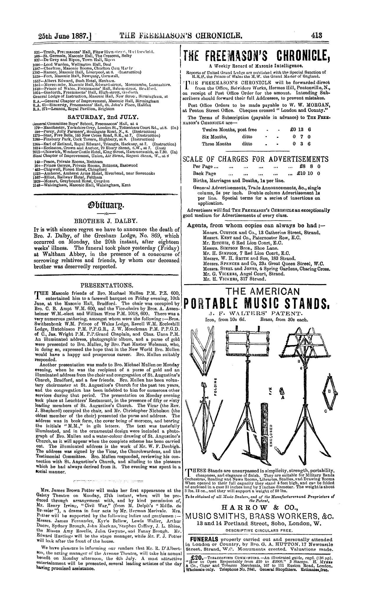 The Freemason's Chronicle: 1887-06-25 - Presentations.