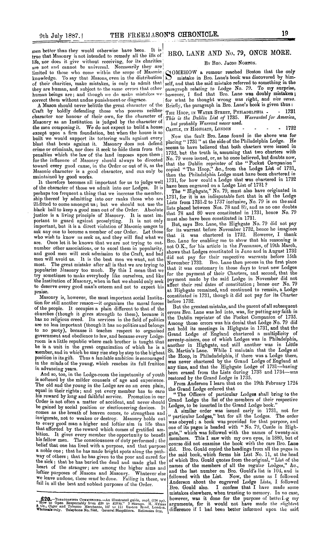 The Freemason's Chronicle: 1887-07-09 - Ar00301