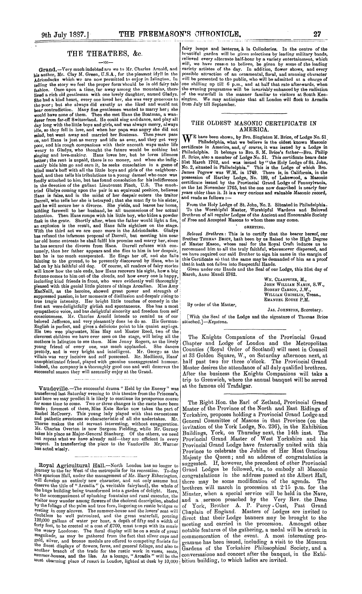 The Freemason's Chronicle: 1887-07-09 - The Theatres, &C.