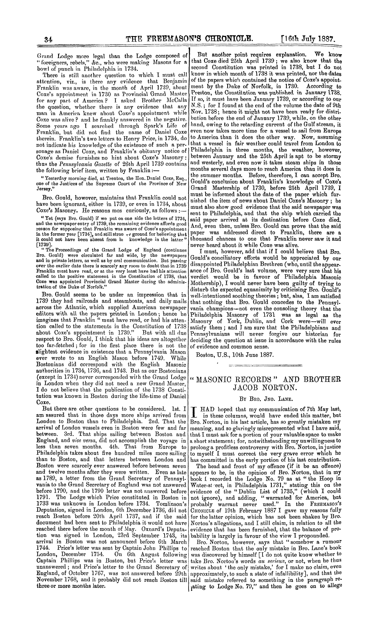 The Freemason's Chronicle: 1887-07-16 - " Masonic Records " And Brother Jacob Norton.