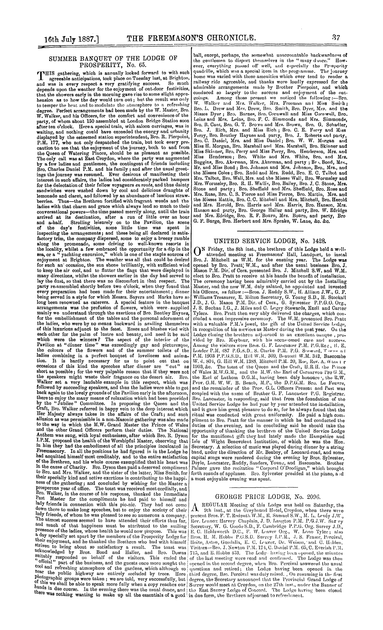 The Freemason's Chronicle: 1887-07-16 - Summer Banquet Of The Lodge Of Prosperityno. 65.